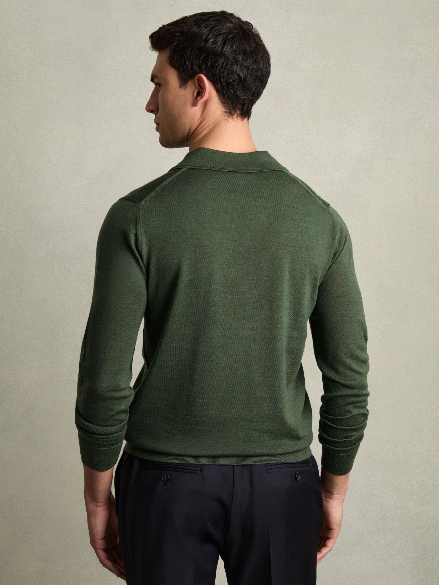 Merino Wool Half-Zip Polo Shirt in Dark Kale Green - Image 5 of 8