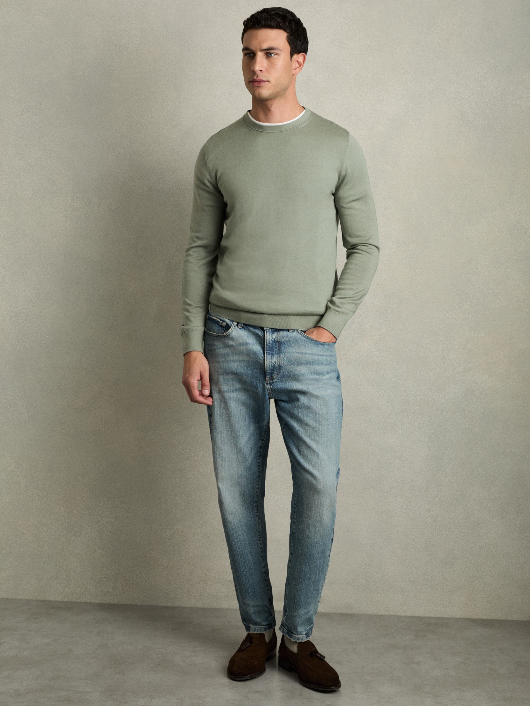 Merino Wool Crew Neck Jumper in Herb Green - Image 2 of 6 Merino Wool Crew Neck Jumper in Herb Green - Image 2 of 6