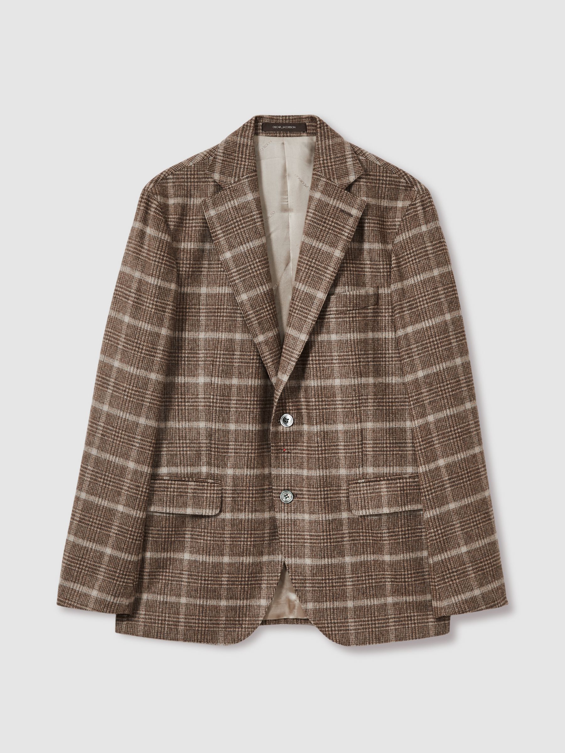 Oscar Jacobson Wool-Blend Single-Breasted Check Blazer in Dark Beige - Image 2 of 6