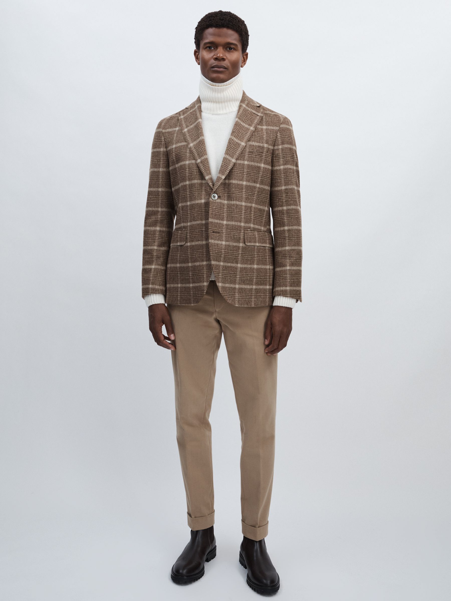 Oscar Jacobson Wool-Blend Single-Breasted Check Blazer in Dark Beige - Image 3 of 6