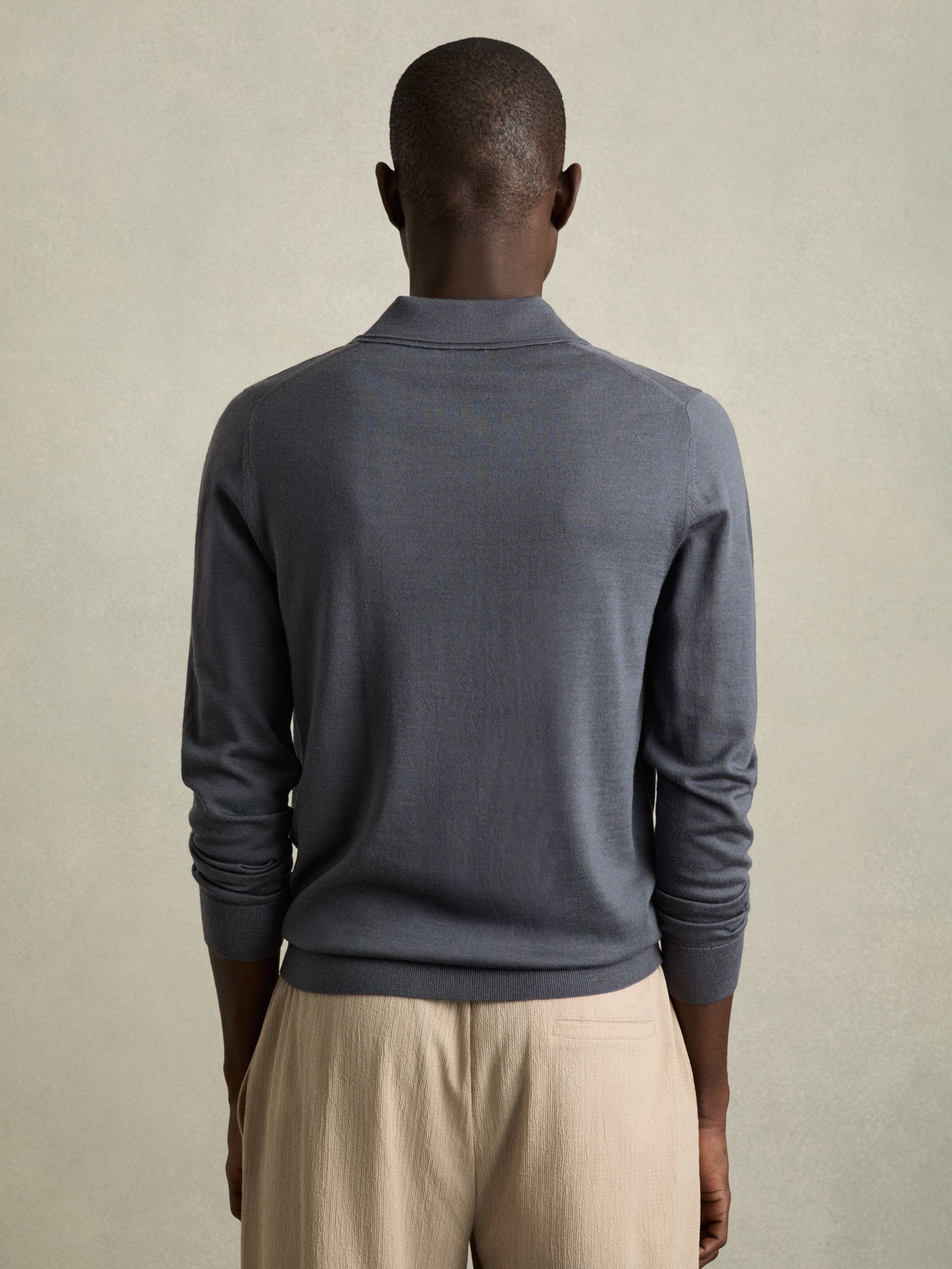 Merino Wool Half-Zip Polo Shirt in Blackened Blue - Image 5 of 6