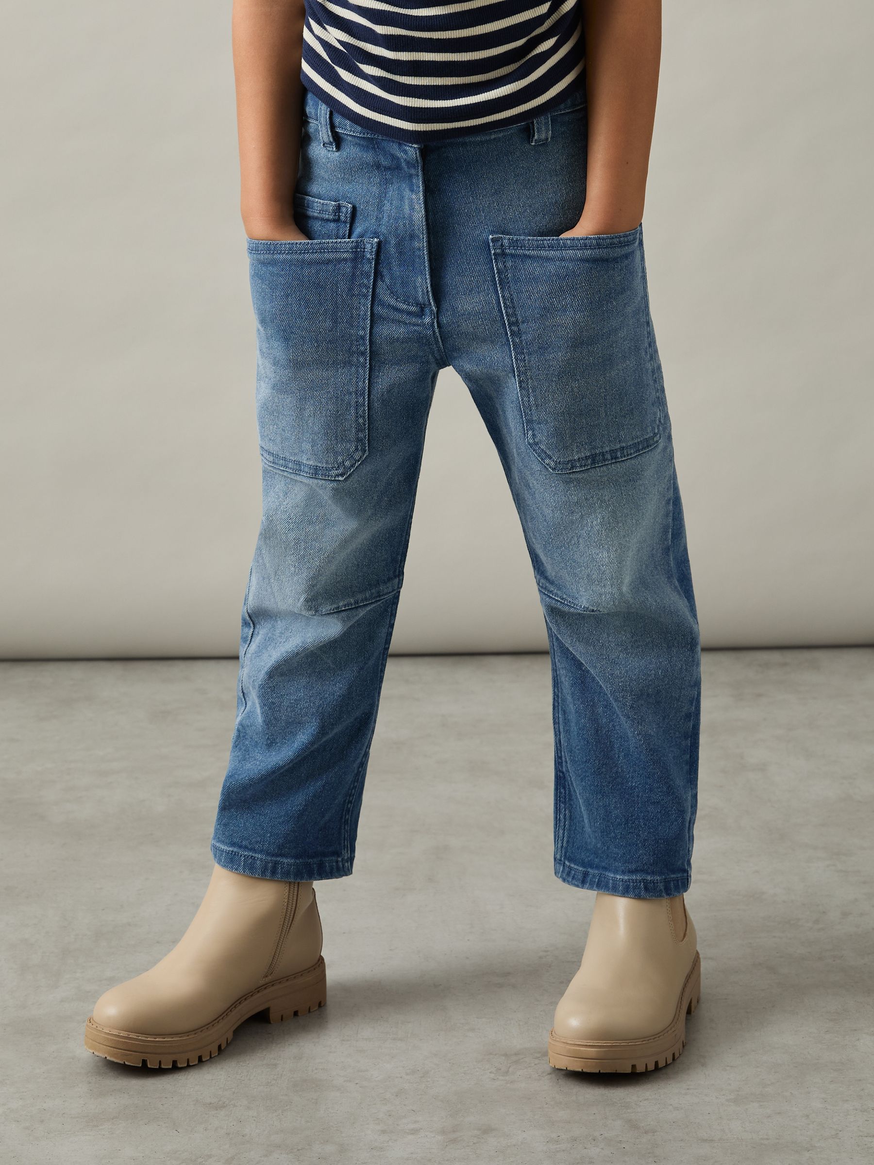 9-13 yrs Barrel-Leg Patch-Pocket Jeans in Blue - Image 1 of 4