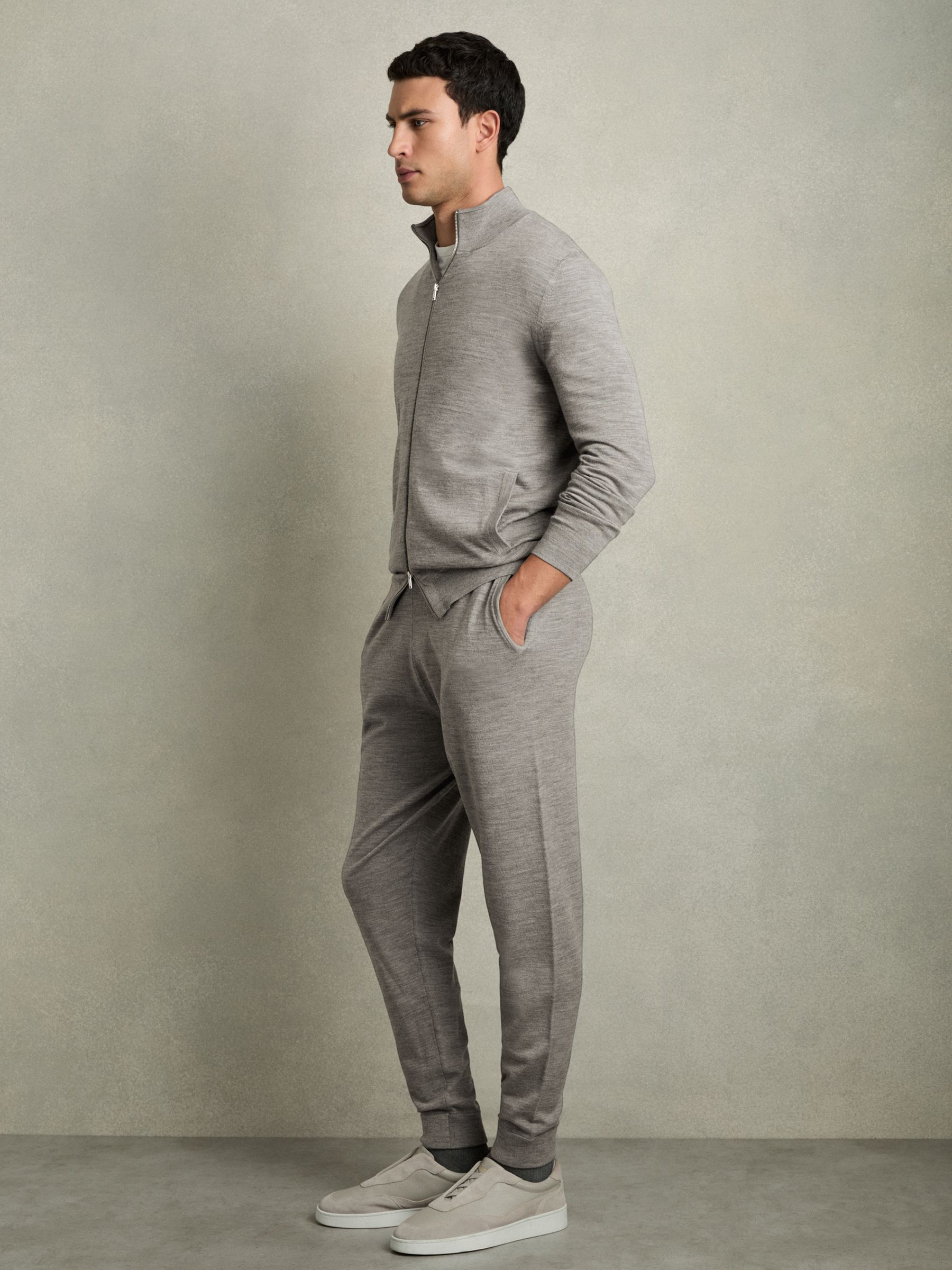 Merino Wool Funnel-Neck Cardigan in Warm Grey Melange - Image 1 of 5