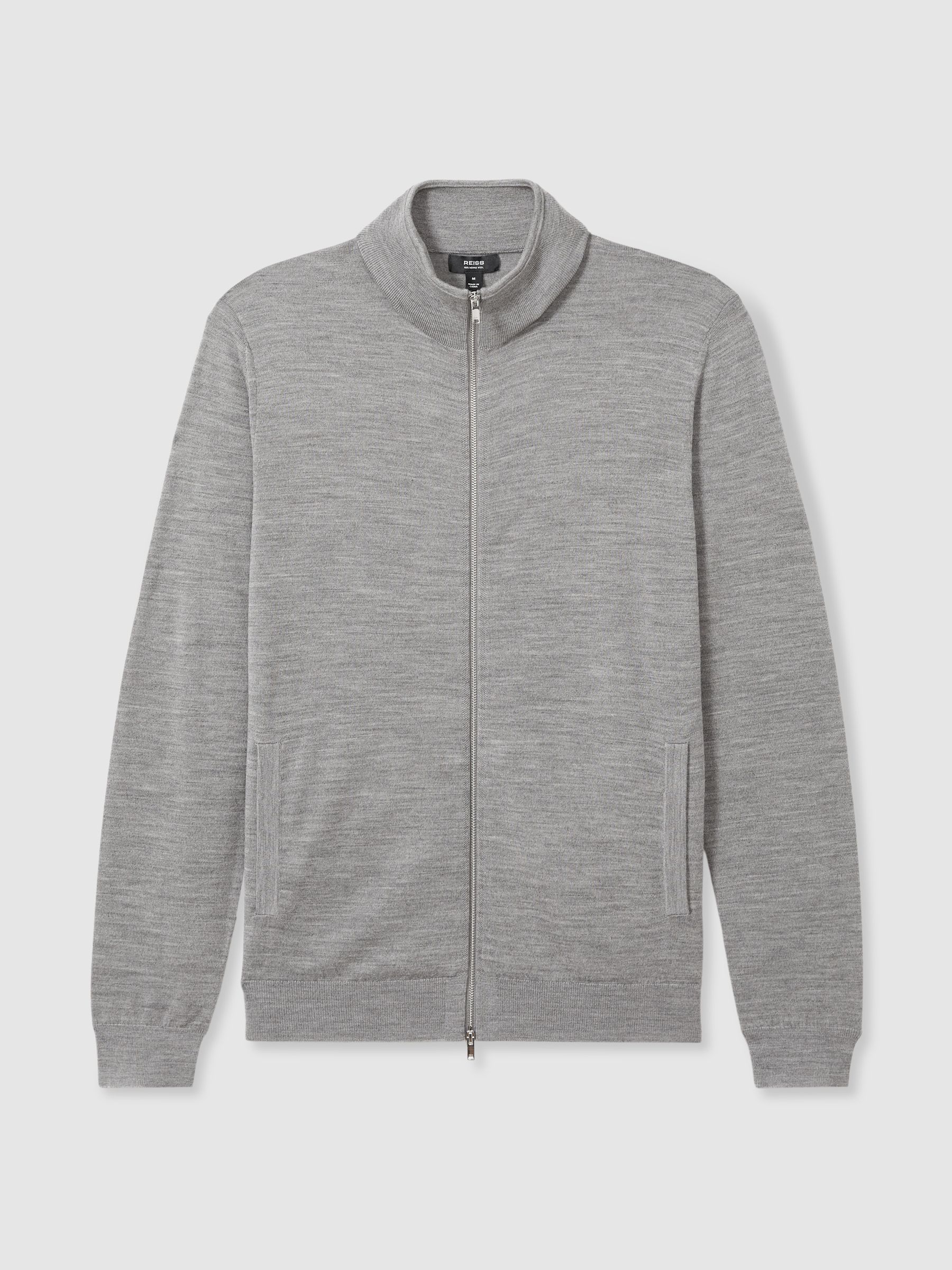 Merino Wool Funnel-Neck Cardigan in Warm Grey Melange - Image 2 of 5