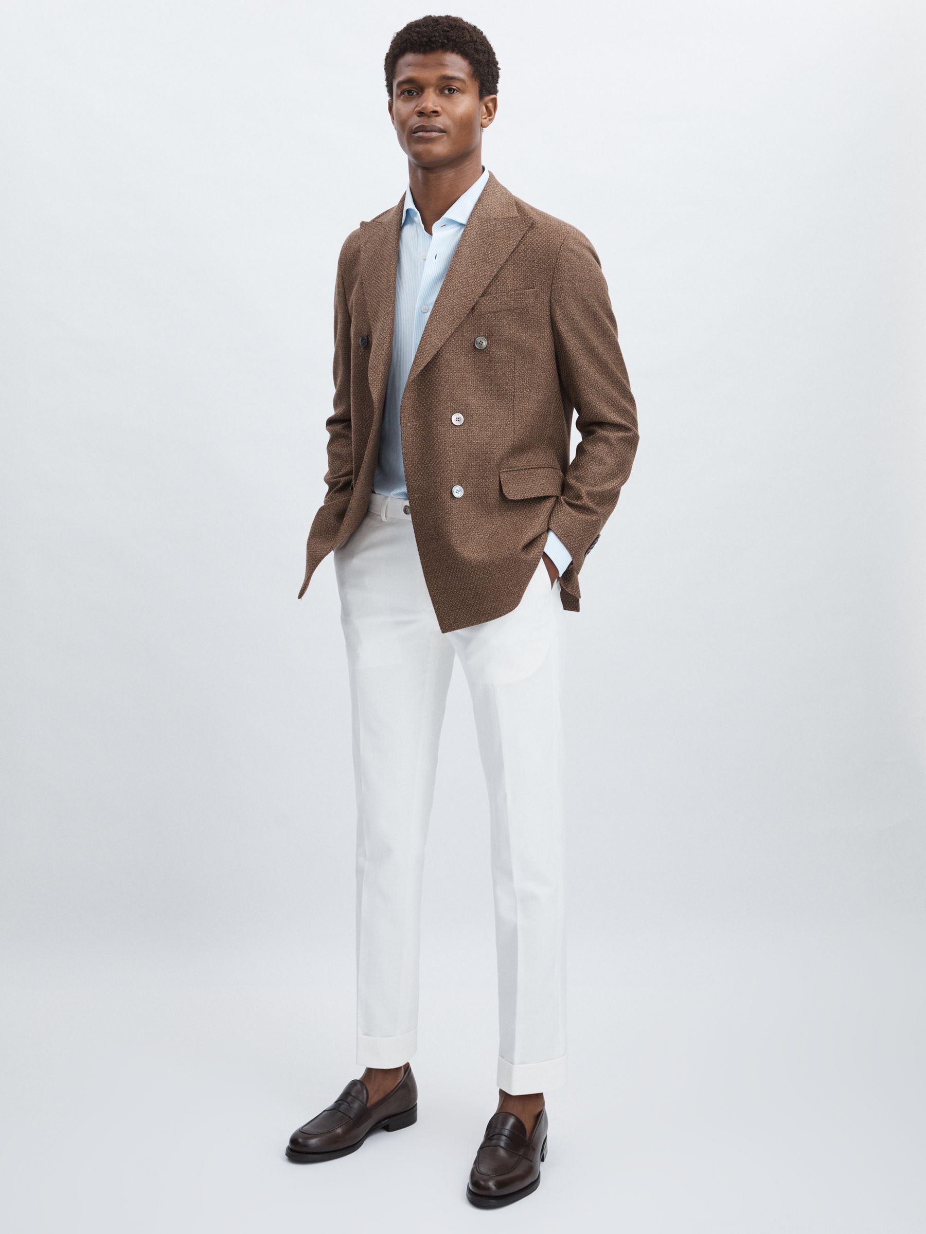 Oscar Jacobson Slim Fit 100% Cotton Turn-Up Trousers in Snow White - Image 1 of 6