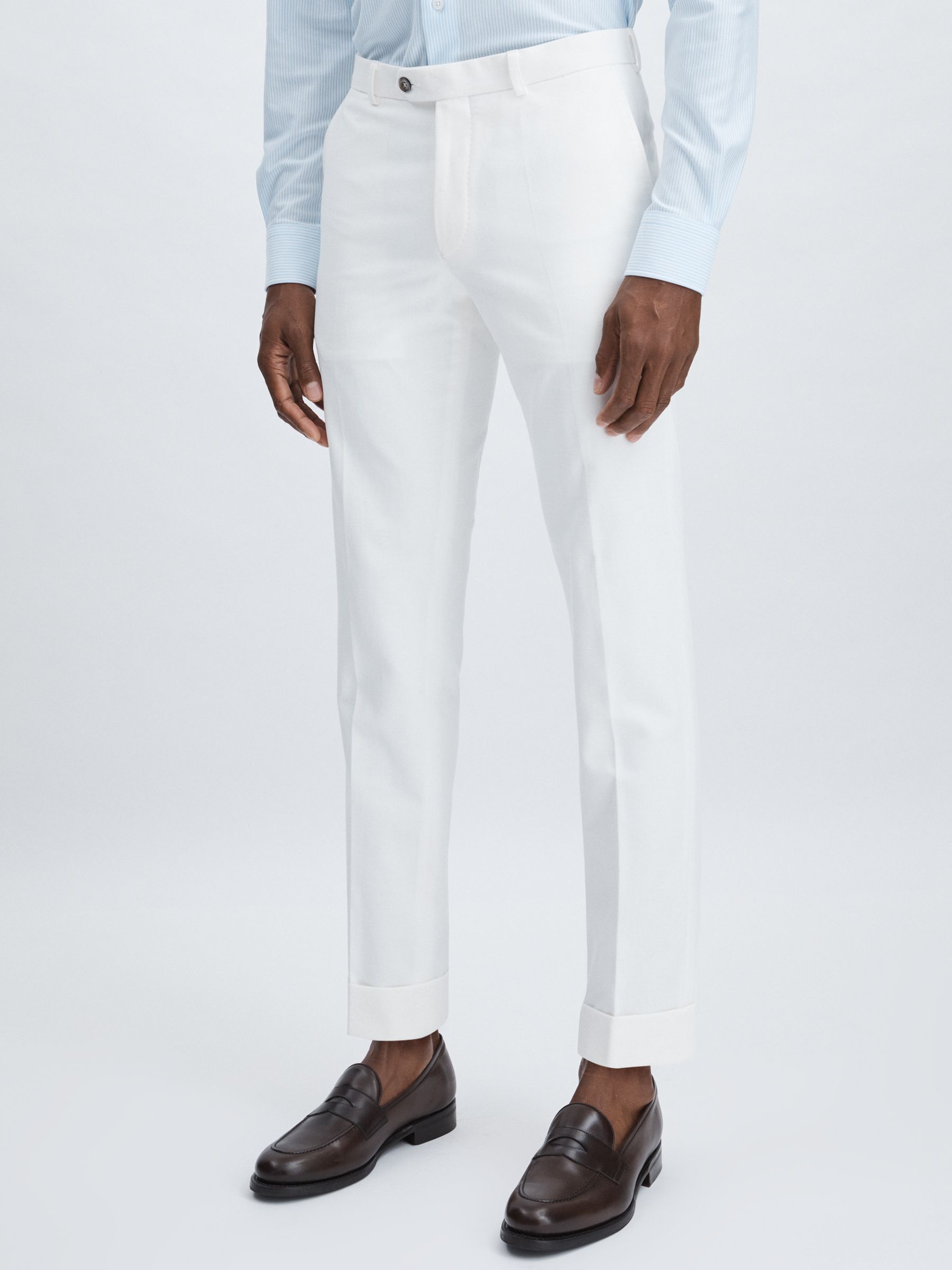 Oscar Jacobson Slim Fit 100% Cotton Turn-Up Trousers in Snow White - Image 3 of 6