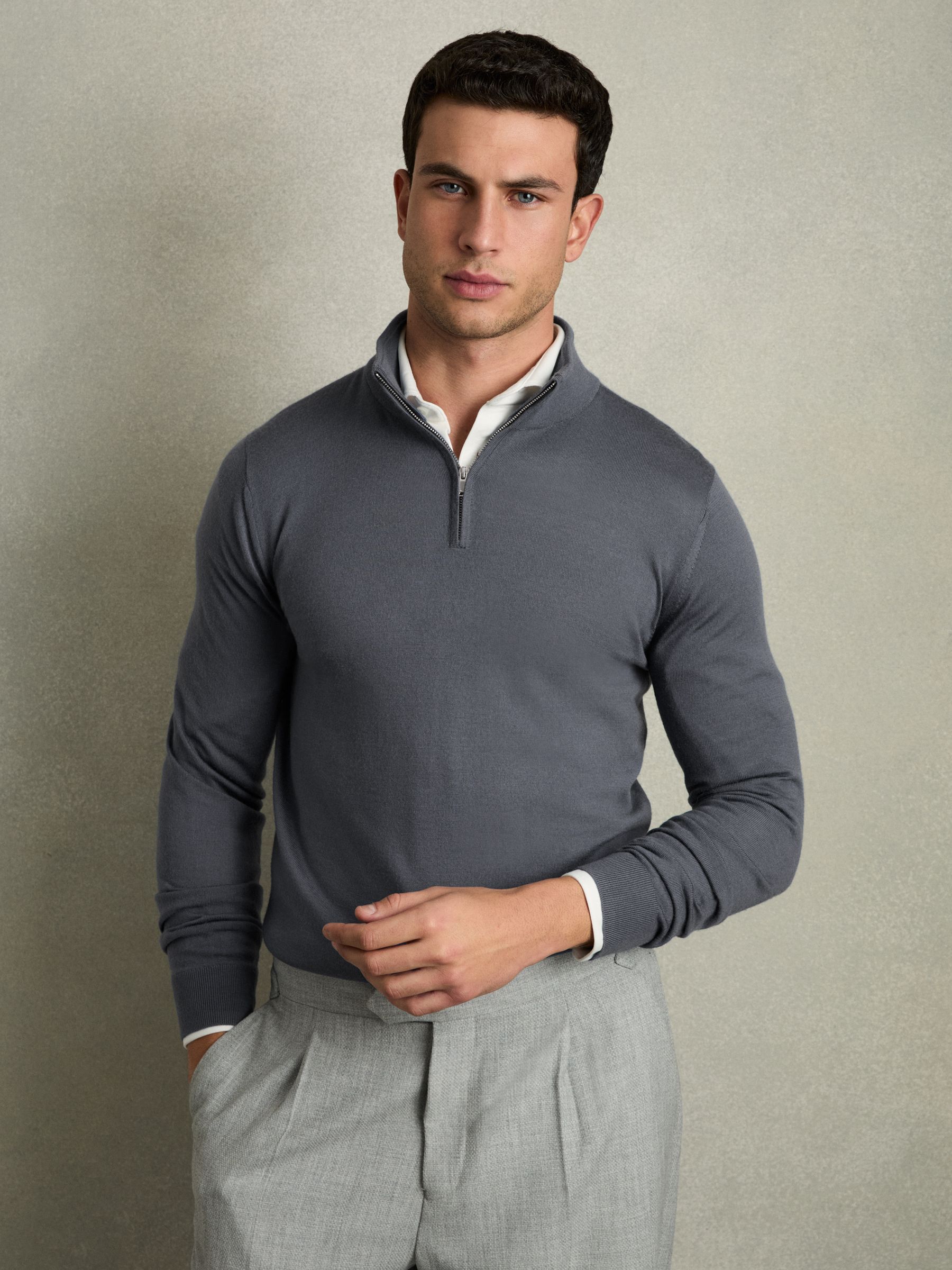 Merino Wool Half-Zip Funnel Neck Jumper in Airforce Blue - Image 1 of 6