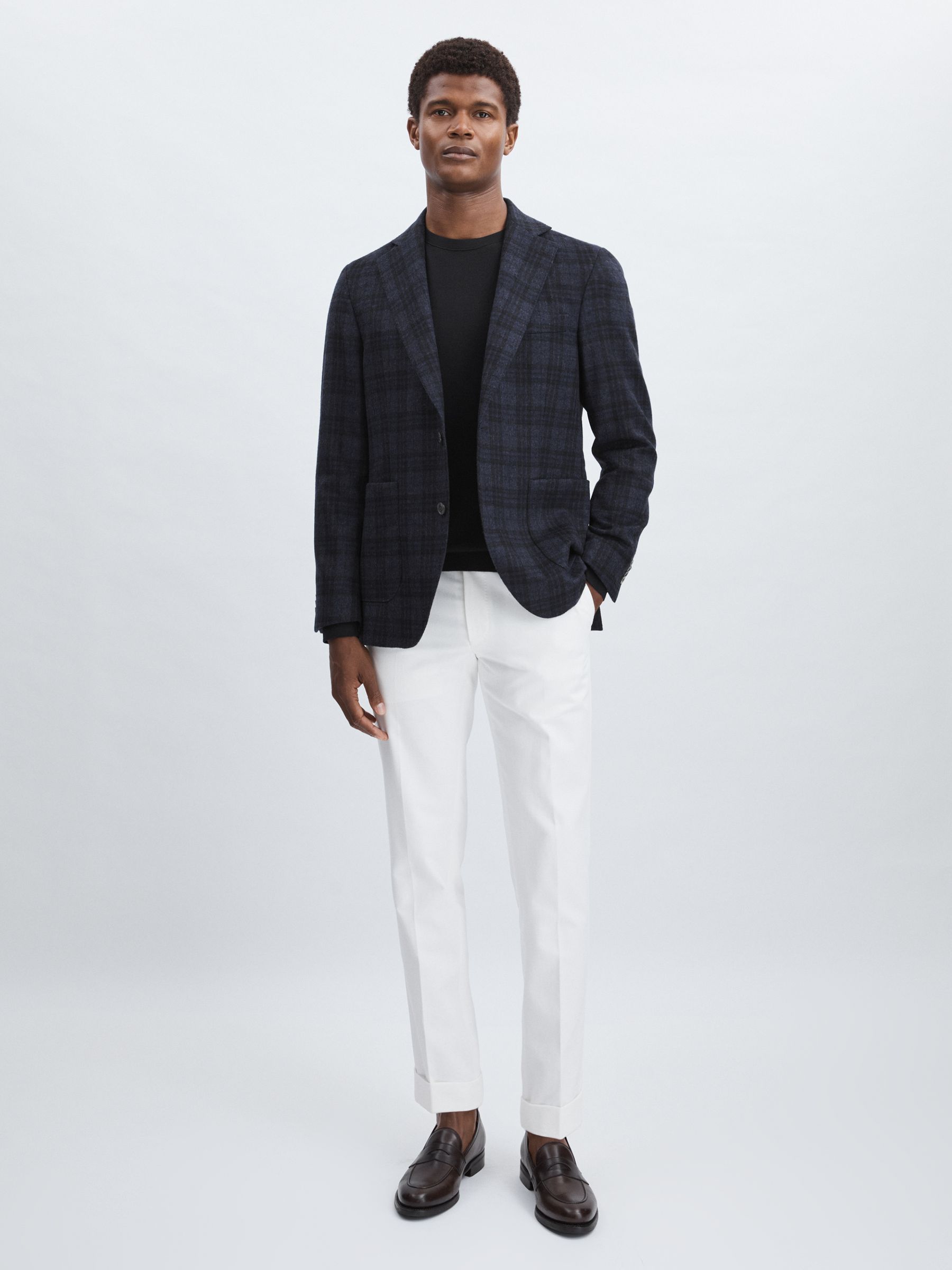 Oscar Jacobson Single Breasted Tweed Check Blazer in Navy - Image 1 of 8