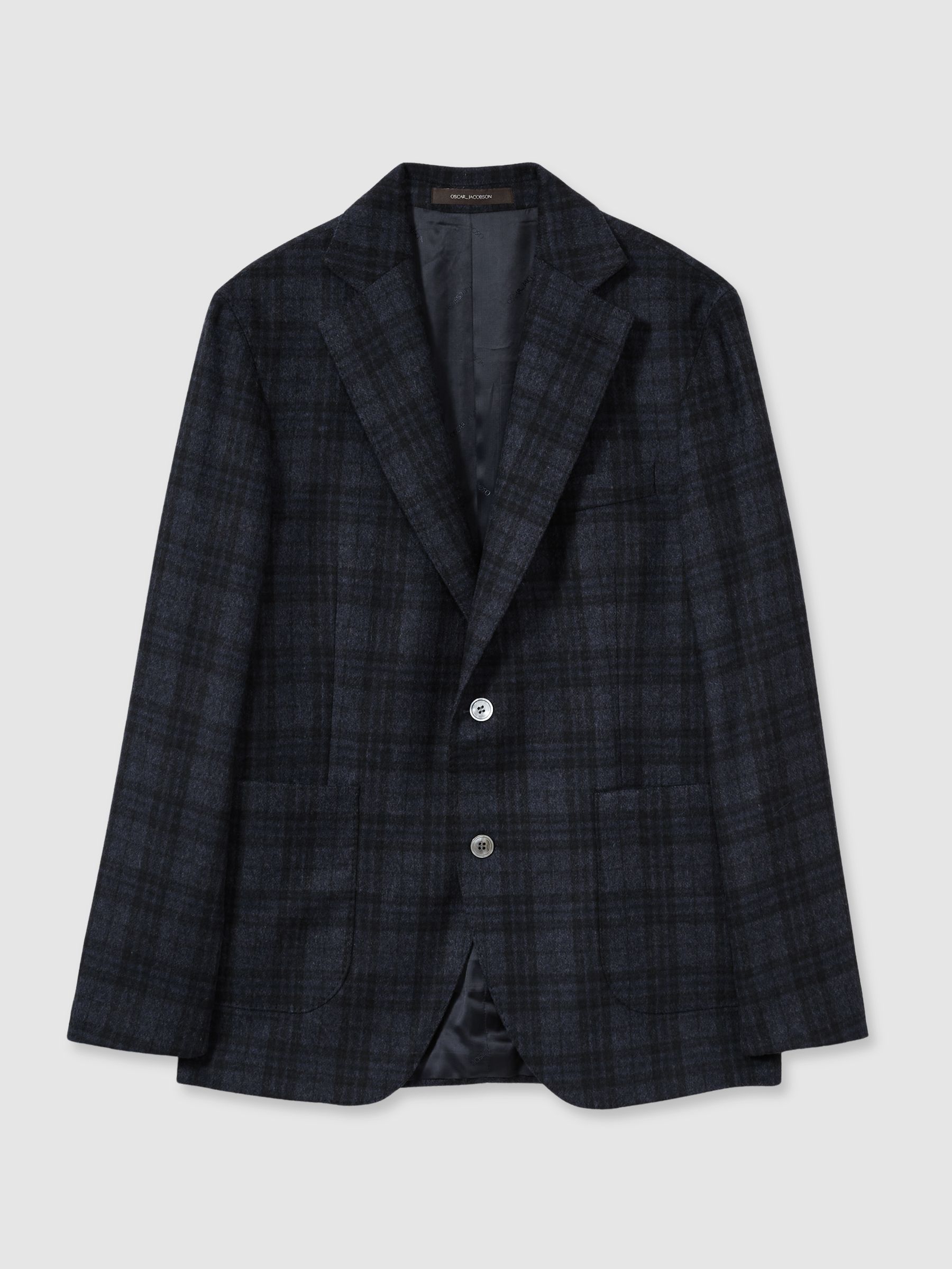 Oscar Jacobson Single Breasted Tweed Check Blazer in Navy - Image 2 of 8