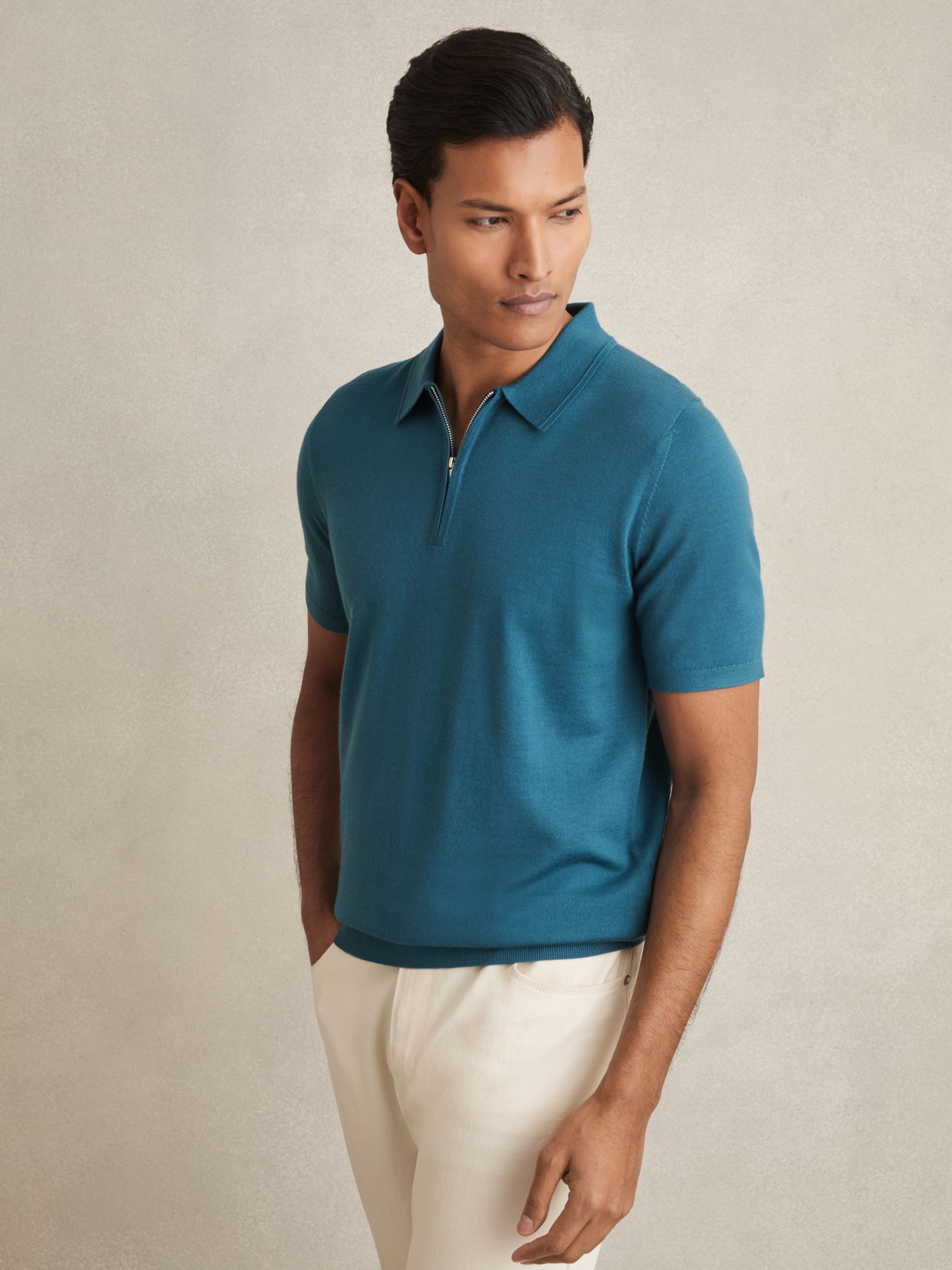 Merino Wool Half-Zip Polo Shirt in Deep Teal Blue - Image 1 of 6