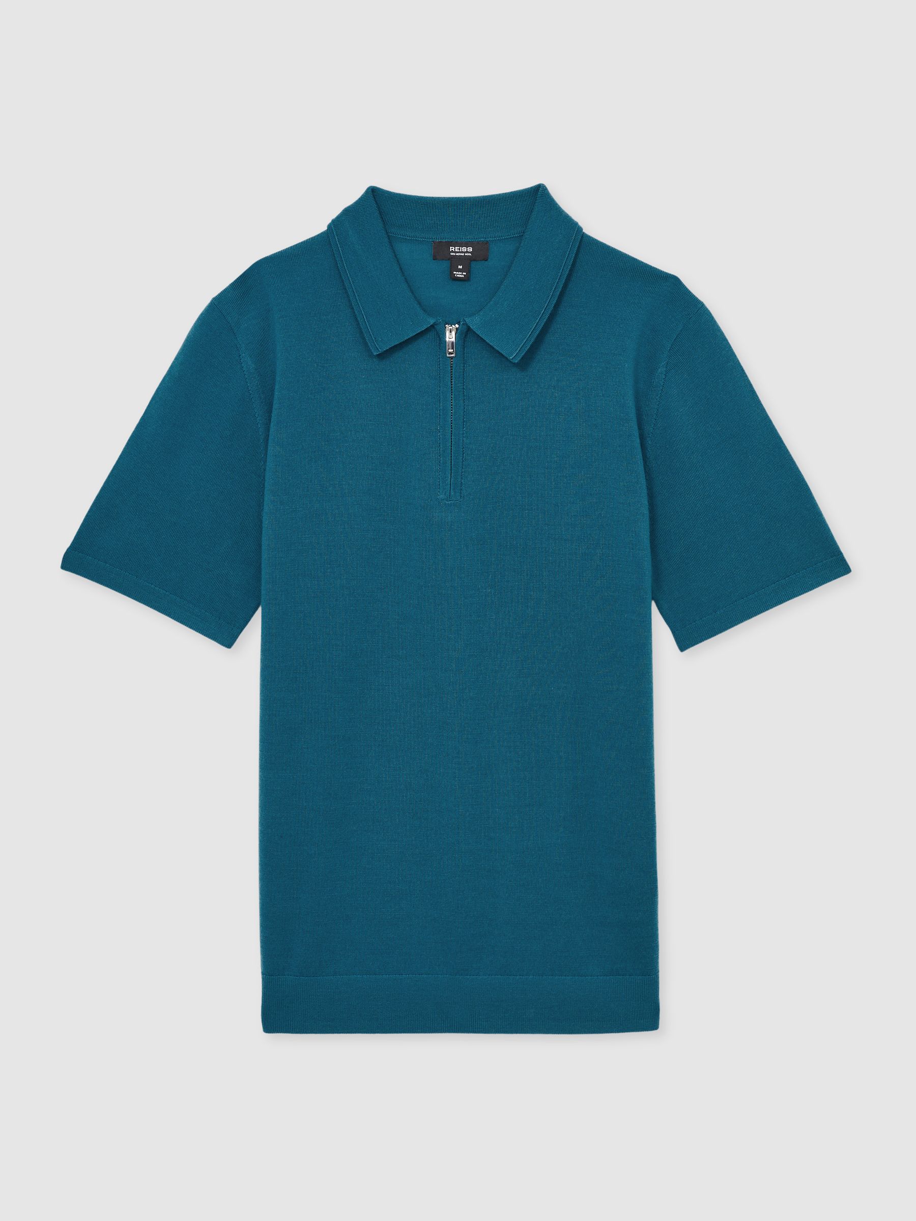 Merino Wool Half-Zip Polo Shirt in Deep Teal Blue - Image 2 of 6