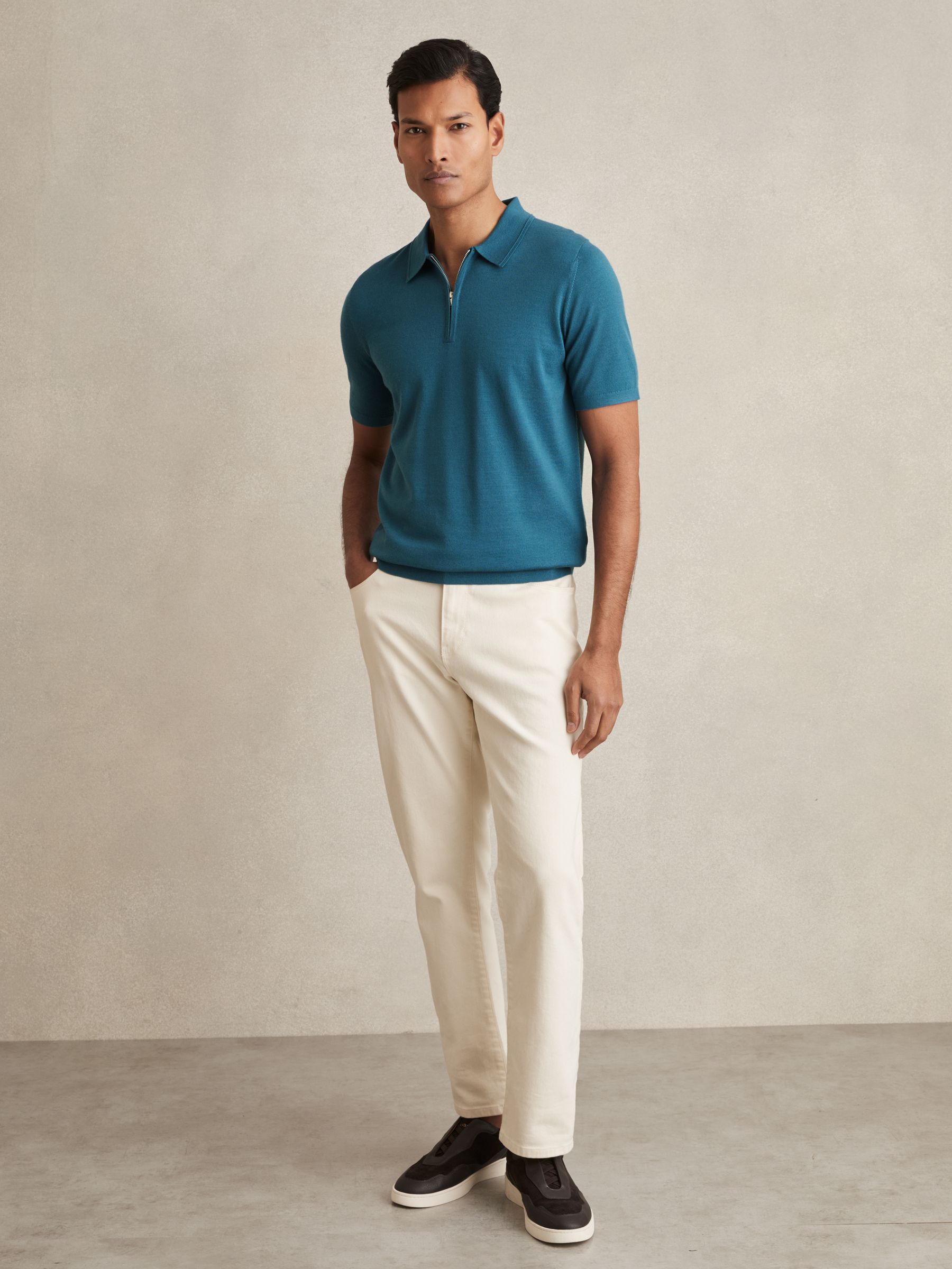 Merino Wool Half-Zip Polo Shirt in Deep Teal Blue - Image 3 of 6