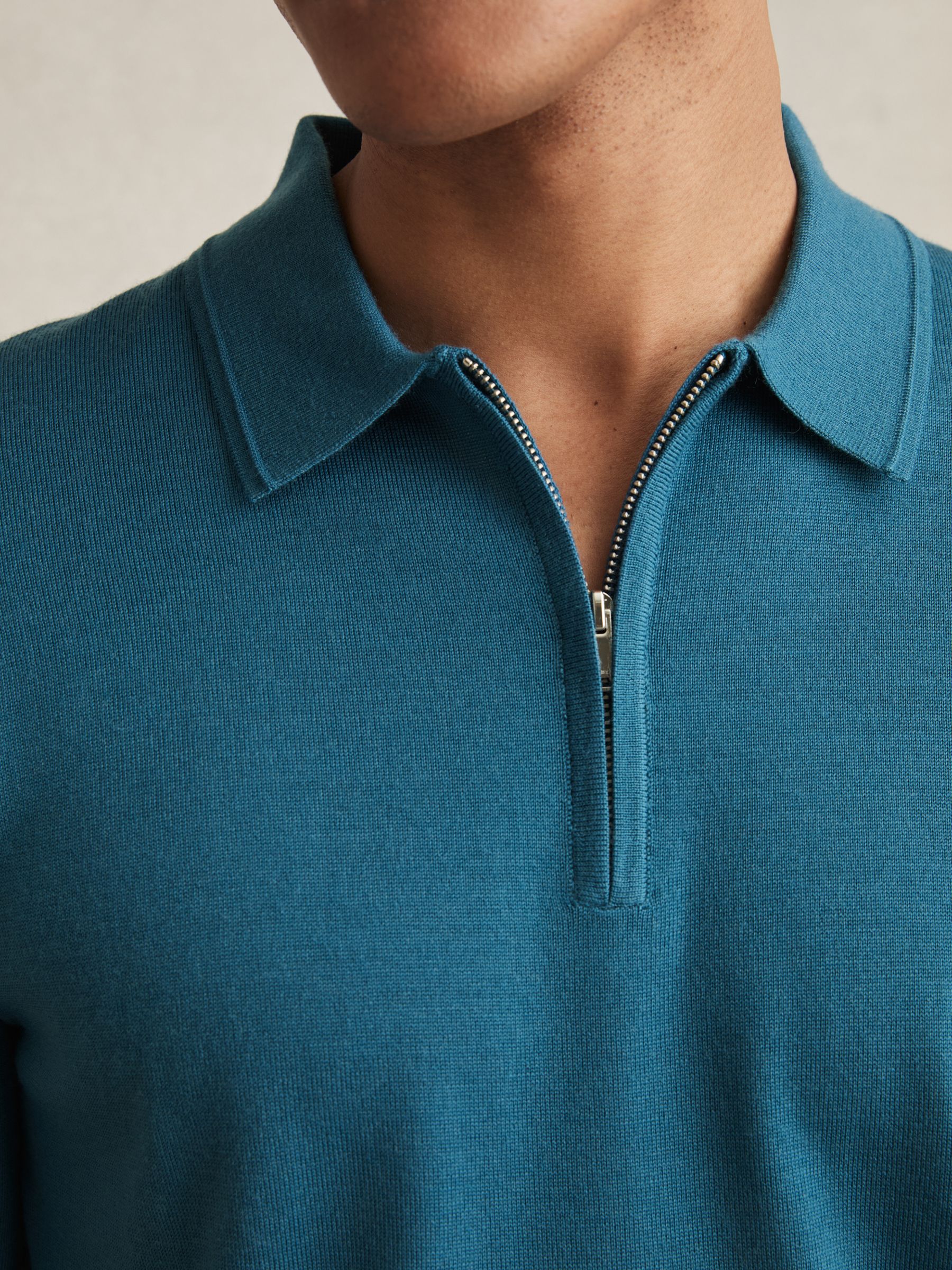 Merino Wool Half-Zip Polo Shirt in Deep Teal Blue - Image 4 of 6