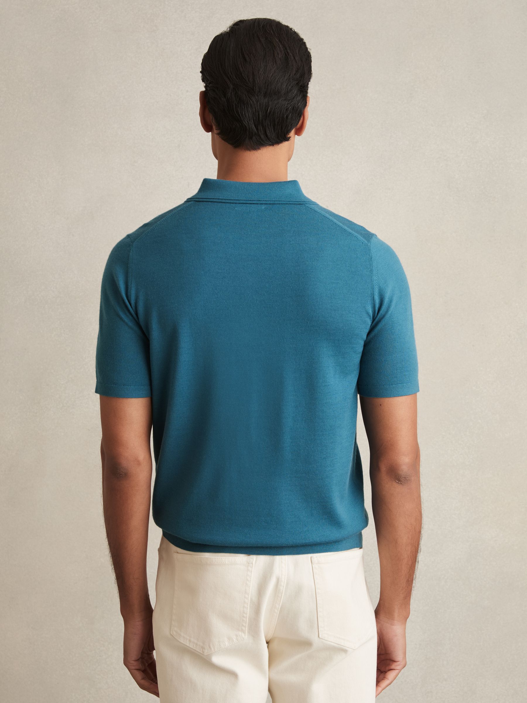 Merino Wool Half-Zip Polo Shirt in Deep Teal Blue - Image 5 of 6