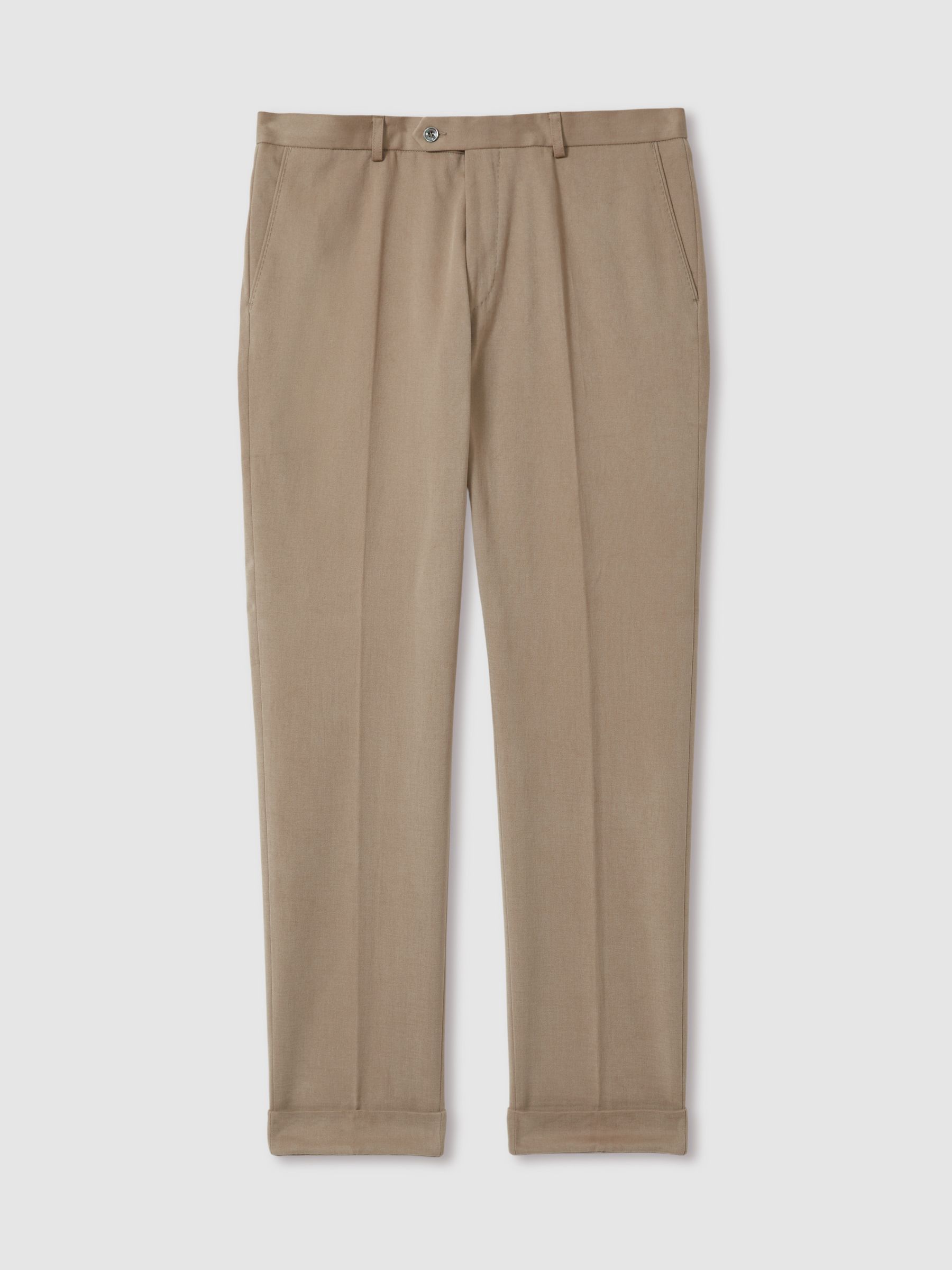 Oscar Jacobson Slim Fit 100% Cotton Turn-Up Trousers in Beige - Image 2 of 6
