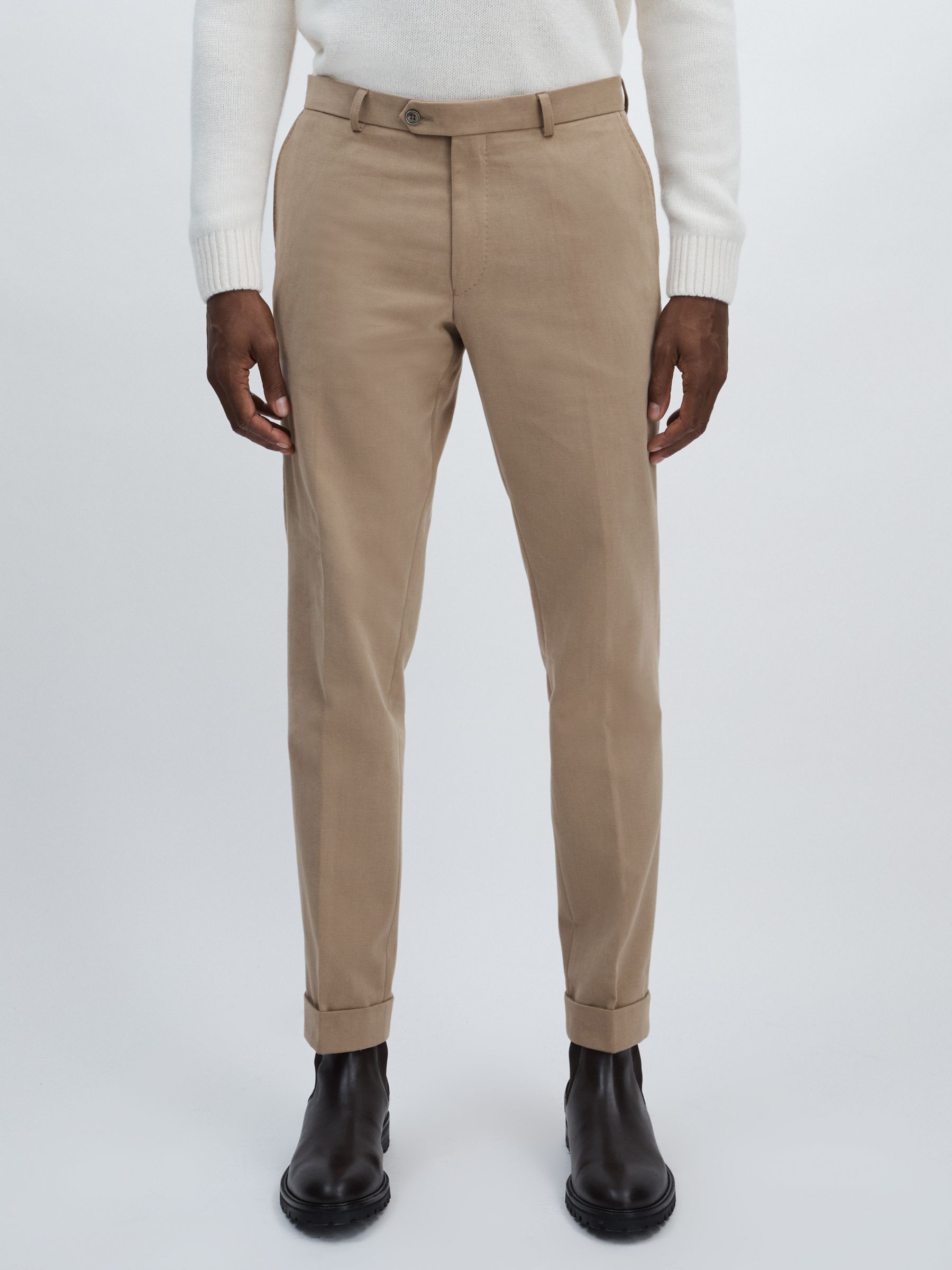 Oscar Jacobson Slim Fit 100% Cotton Turn-Up Trousers in Beige - Image 3 of 6