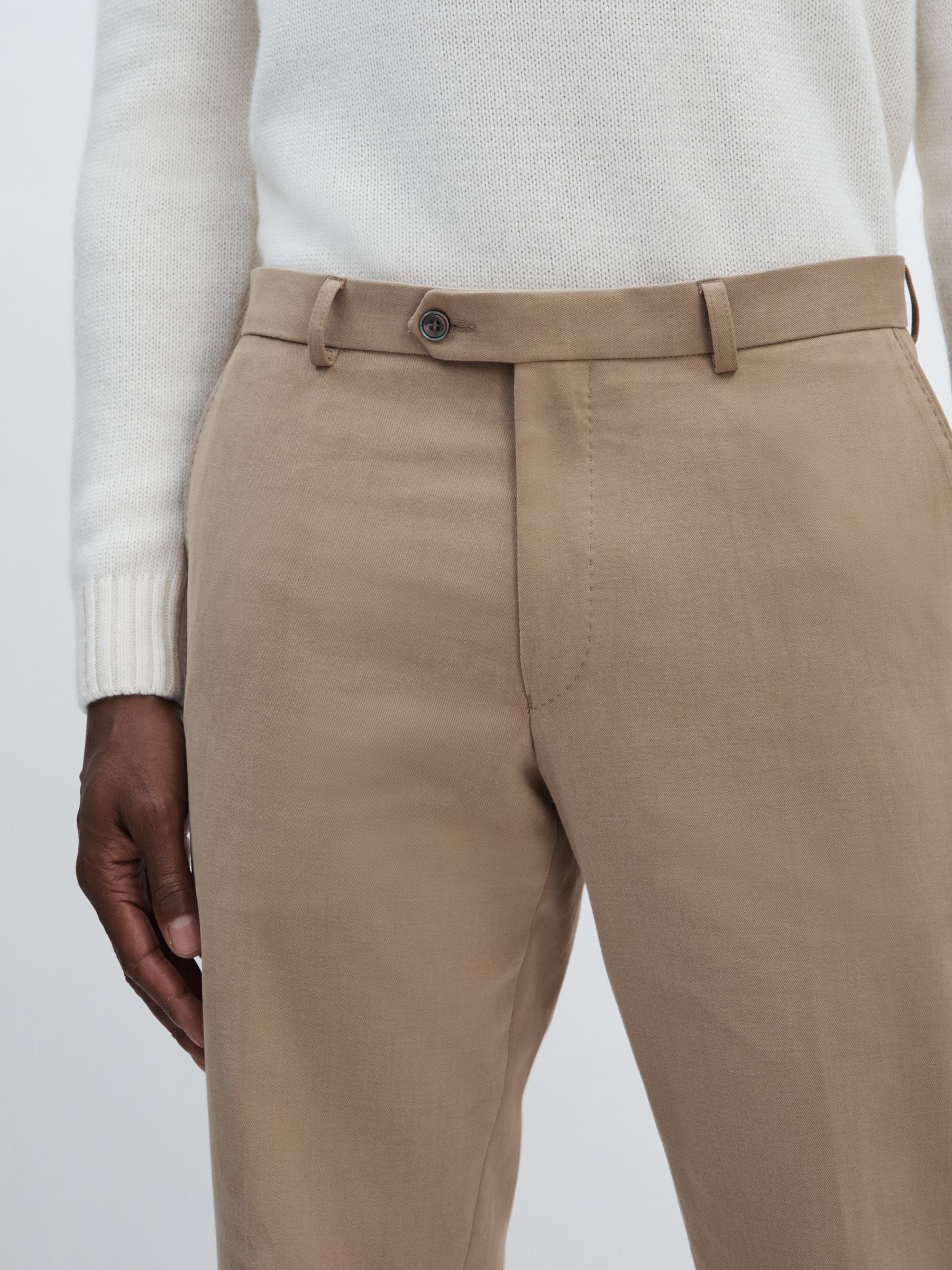 Oscar Jacobson Slim Fit 100% Cotton Turn-Up Trousers in Beige - Image 4 of 6