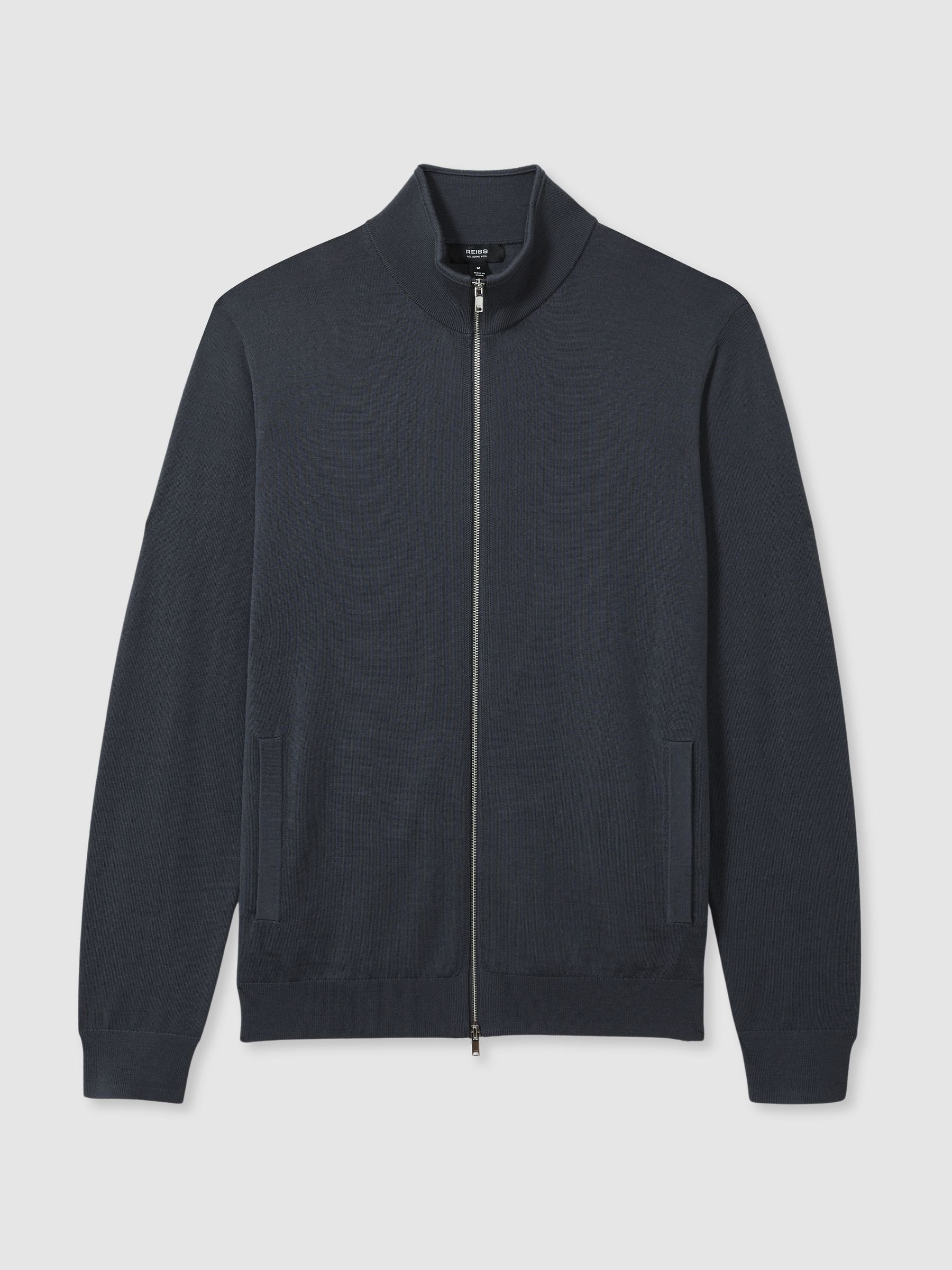 Merino Wool Funnel-Neck Cardigan in Blackened Blue - Image 2 of 6