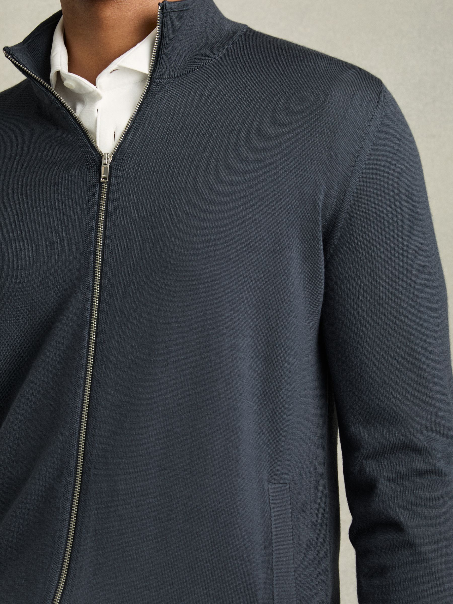 Merino Wool Funnel-Neck Cardigan in Blackened Blue - Image 4 of 6