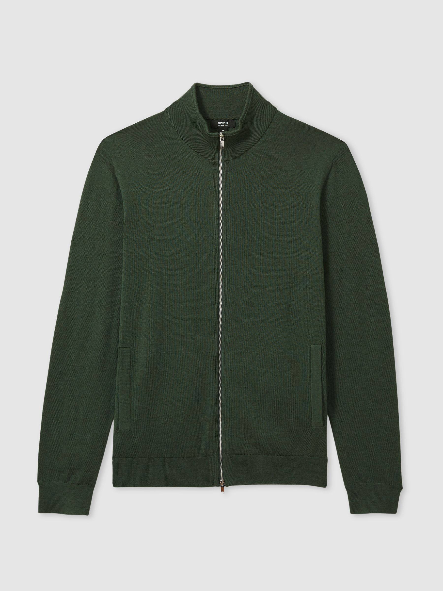 Merino Wool Funnel-Neck Cardigan in Dark Kale Green - Image 2 of 6