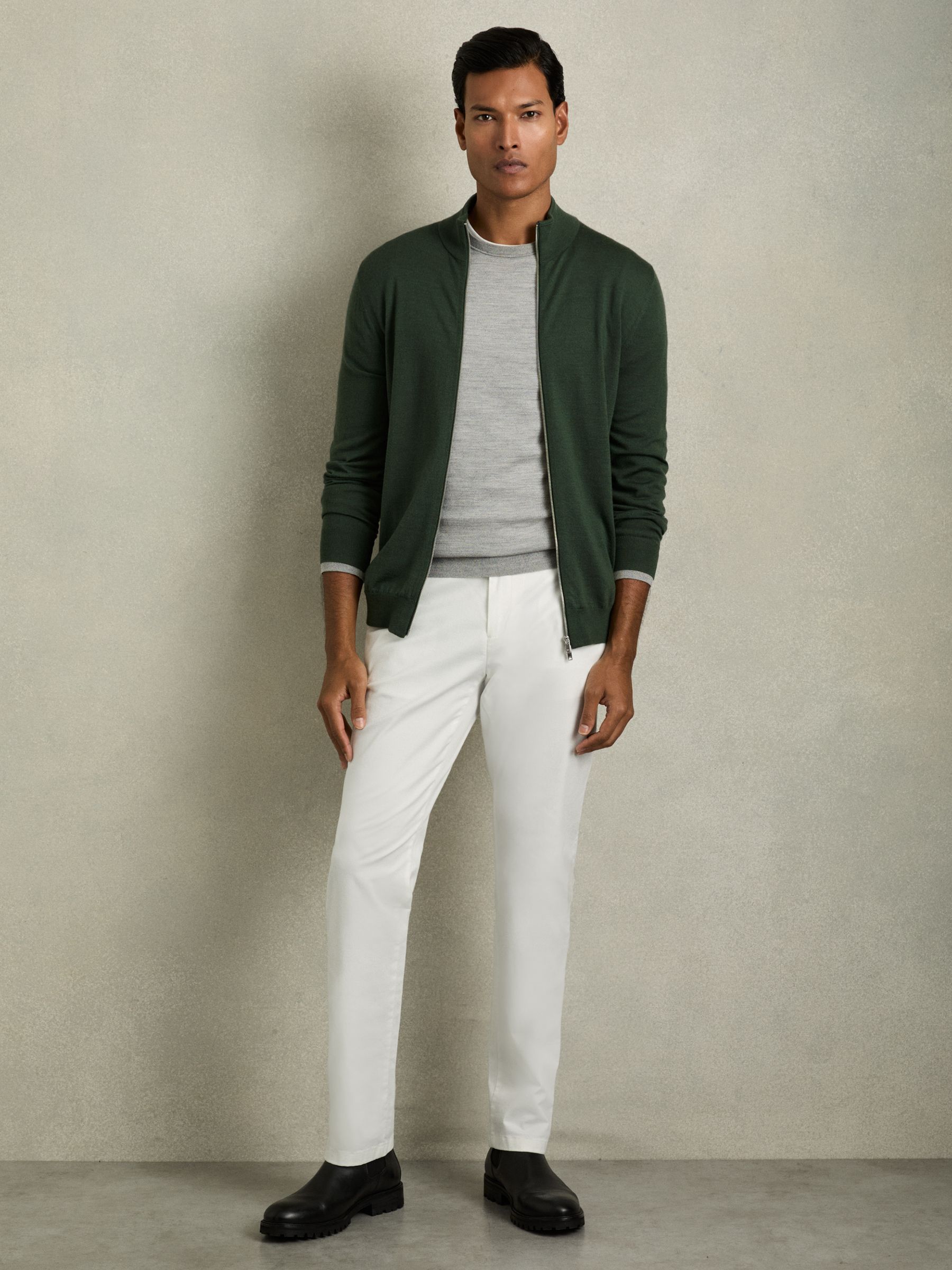 Merino Wool Funnel-Neck Cardigan in Dark Kale Green - Image 3 of 6