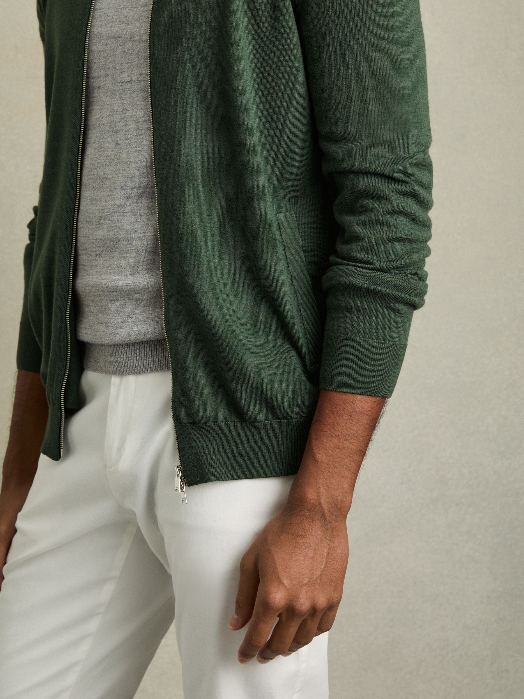 Merino Wool Funnel-Neck Cardigan in Dark Kale Green - Image 4 of 6
