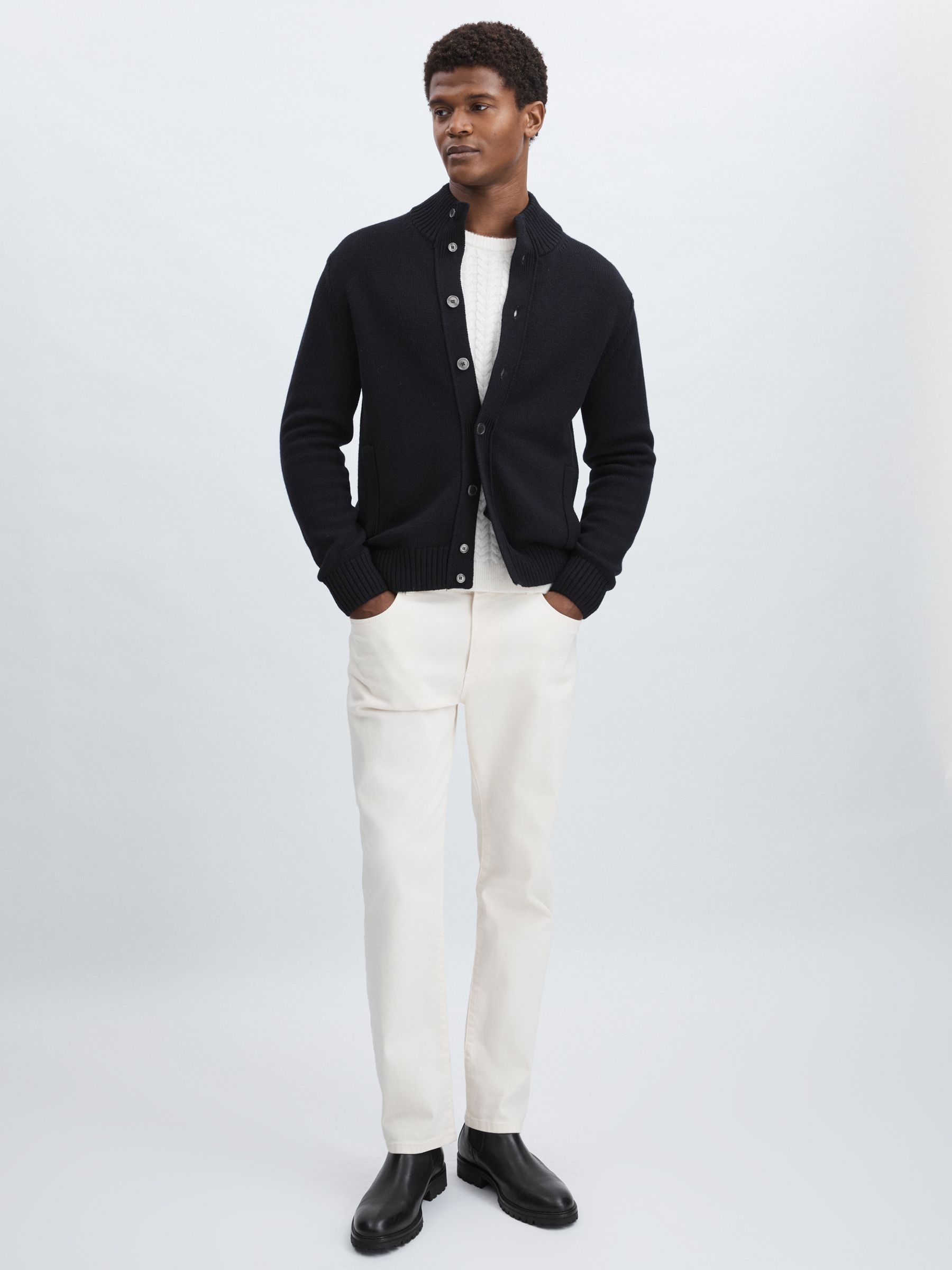 Oscar Jacobson Wool Button-Through Cardigan in Navy - Image 1 of 6