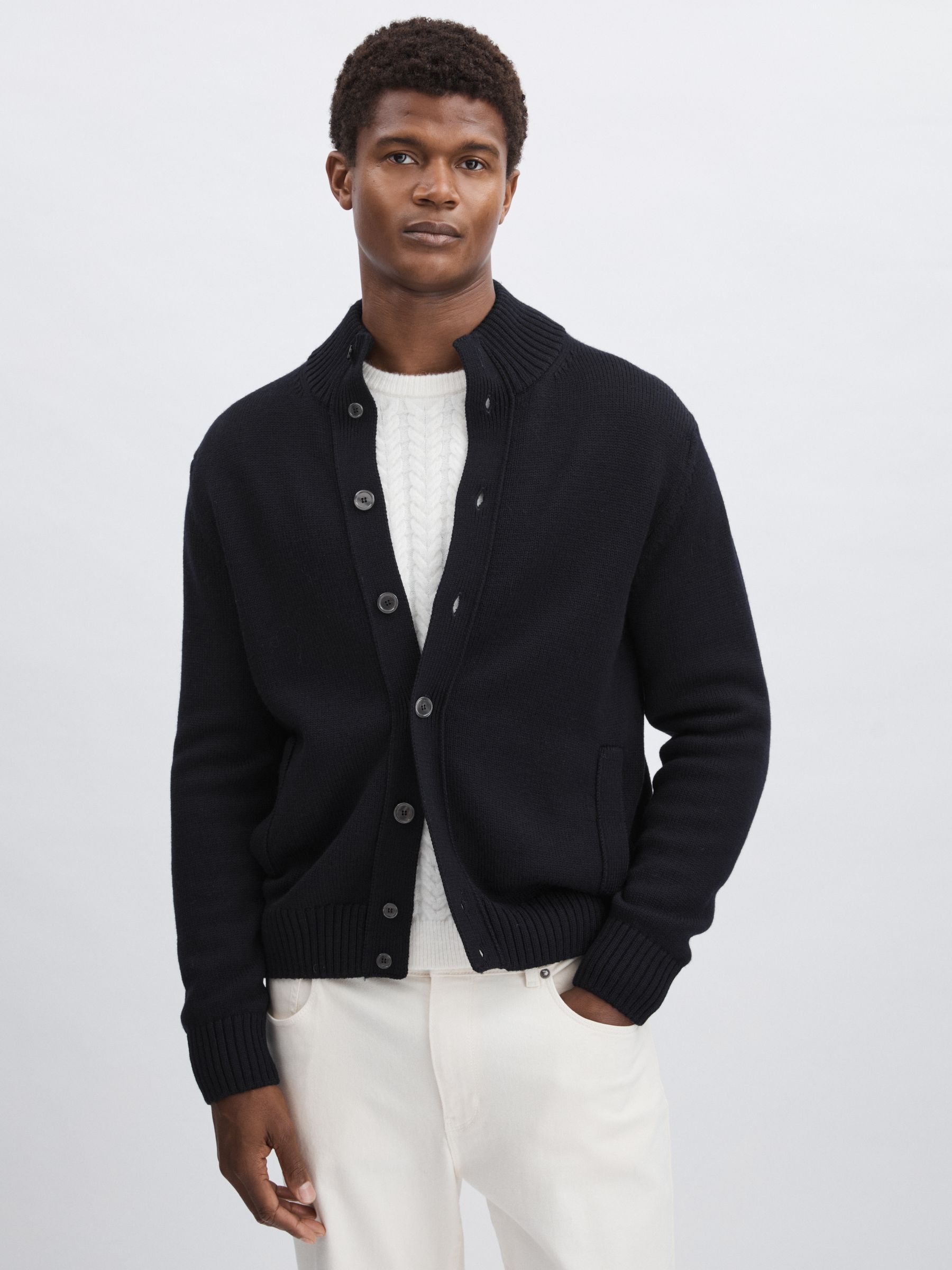 Oscar Jacobson Wool Button-Through Cardigan in Navy - Image 3 of 6