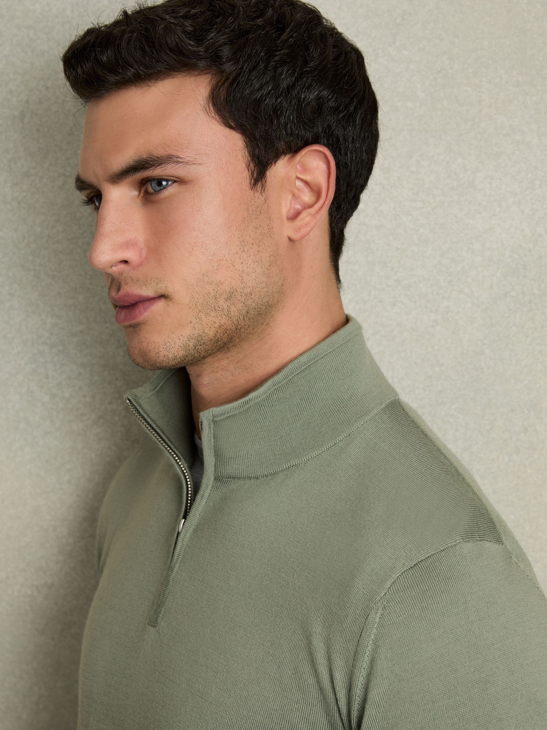 Merino Wool Half-Zip Funnel Neck Jumper in Herb Green - Image 4 of 6
