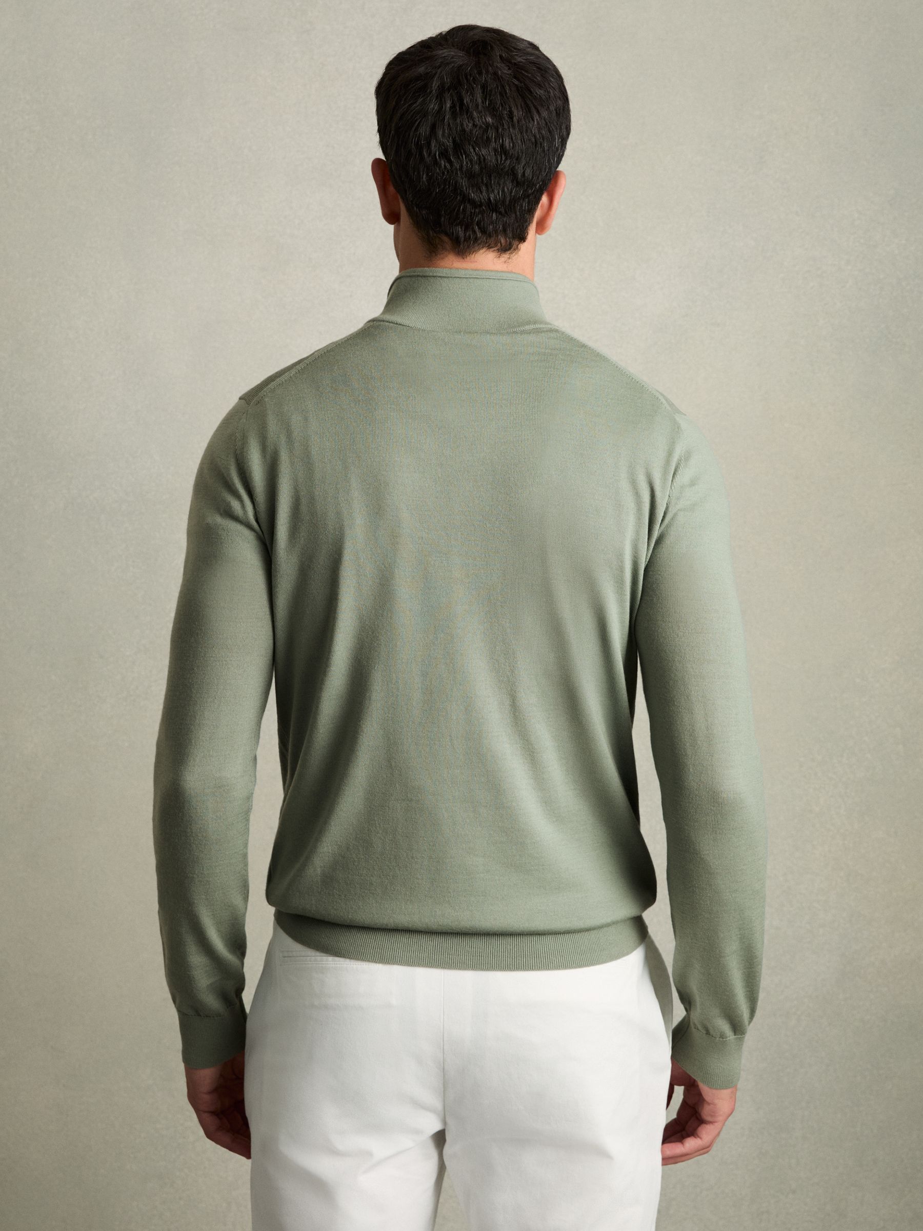 Merino Wool Half-Zip Funnel Neck Jumper in Herb Green - Image 5 of 6