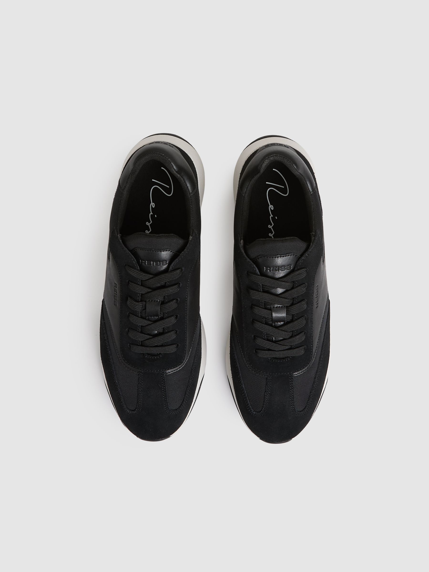 Leather Suede Running Trainers in Black/White - Image 3 of 5