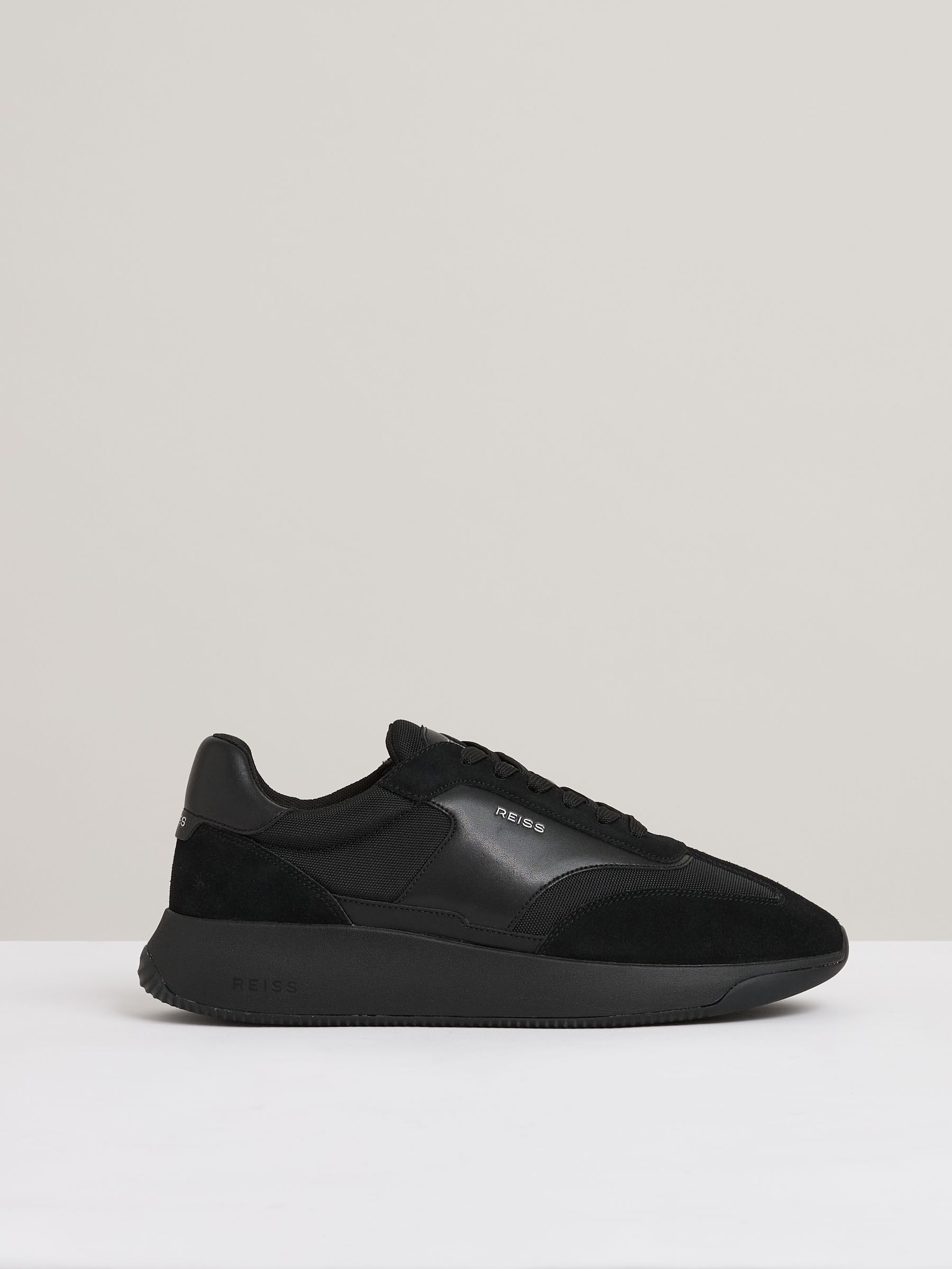 Leather Suede Running Trainers in All Black - Image 1 of 5