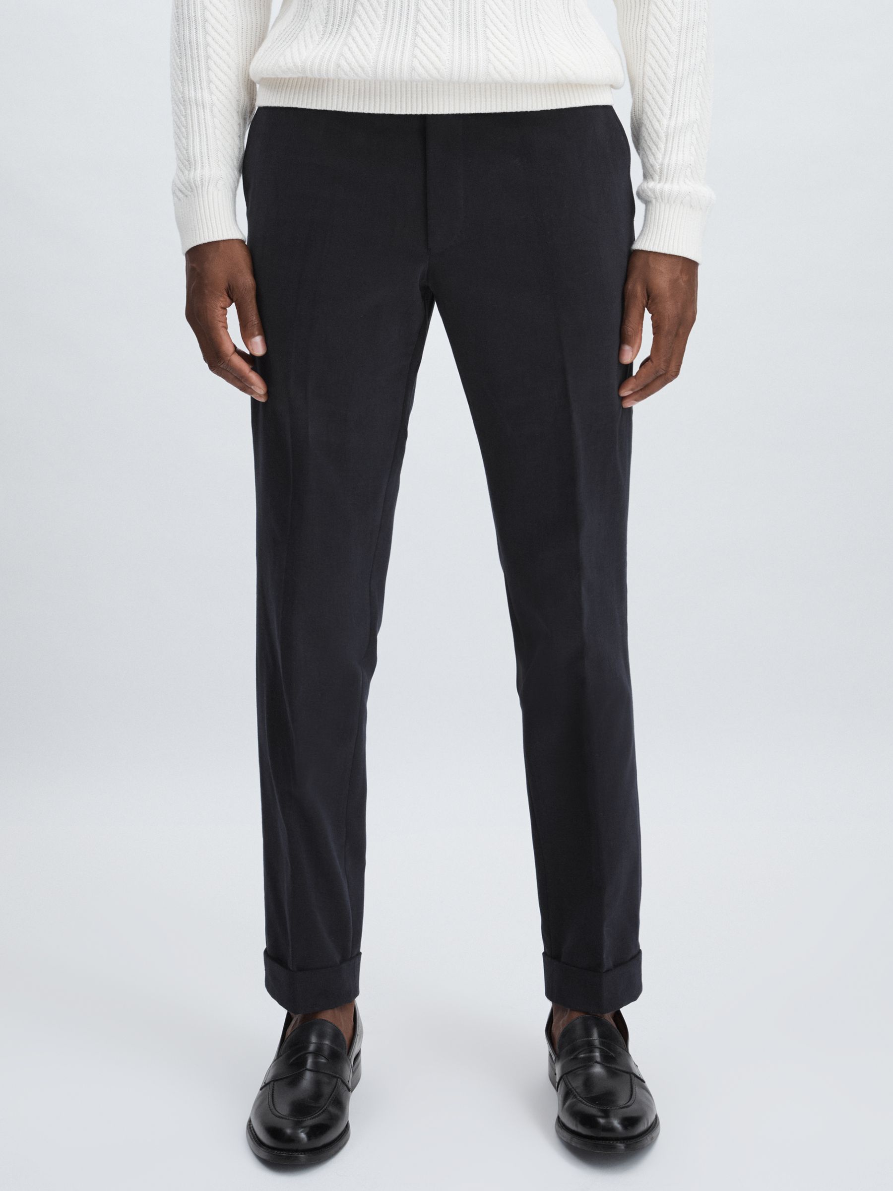 Oscar Jacobson Slim Fit 100% Cotton Turn-Up Trousers in Navy - Image 3 of 6