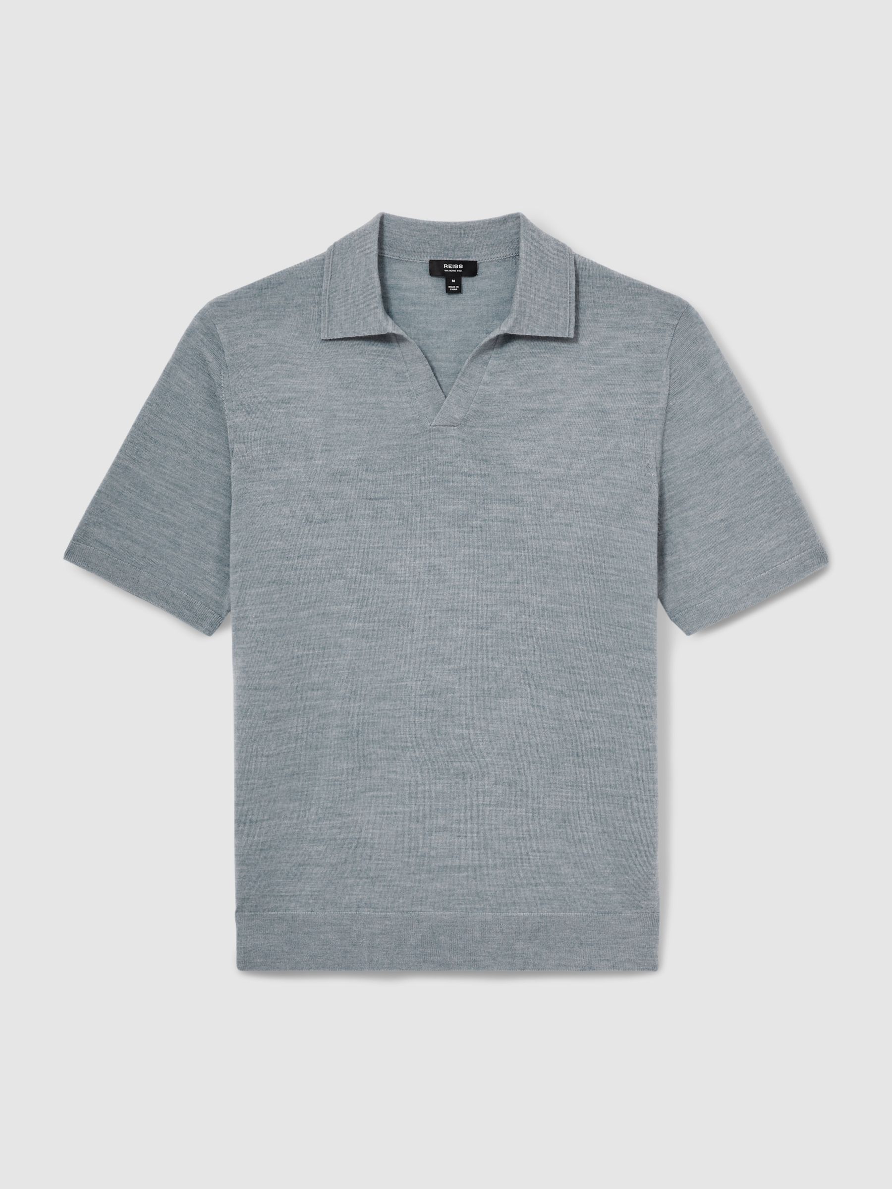 Merino Wool Open Collar Polo Shirt in Soft Blue Melange - Image 2 of 6