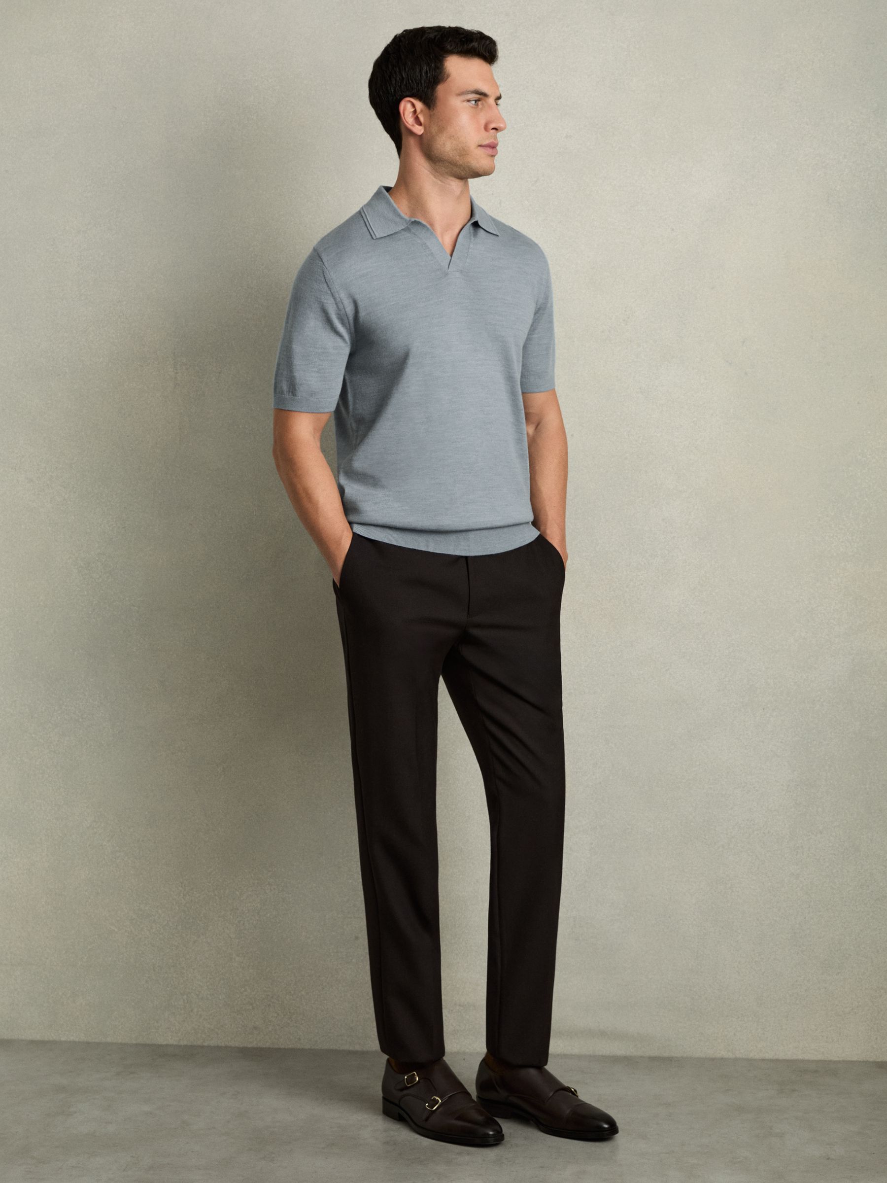 Merino Wool Open Collar Polo Shirt in Soft Blue Melange - Image 3 of 6