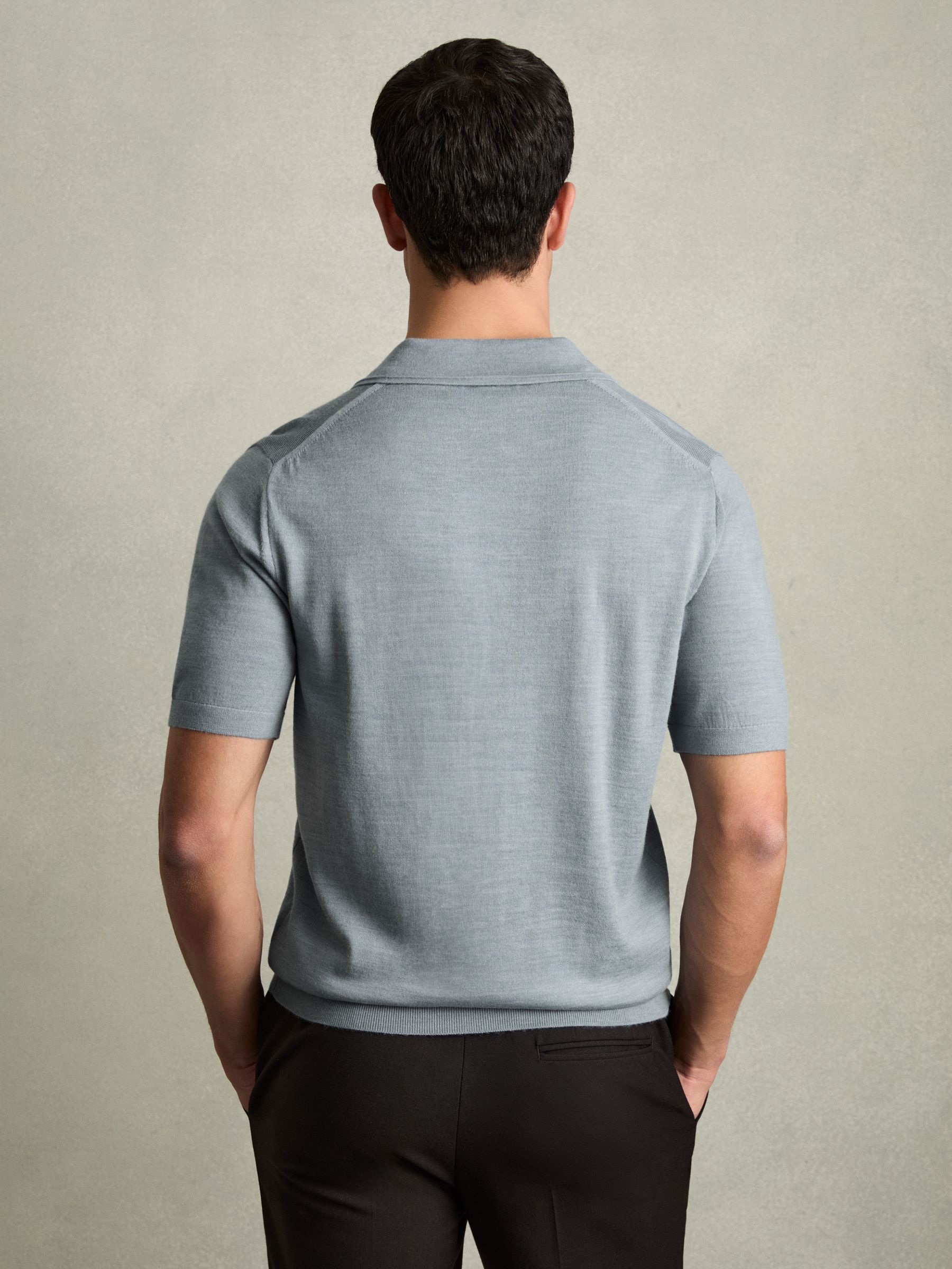 Merino Wool Open Collar Polo Shirt in Soft Blue Melange - Image 5 of 6