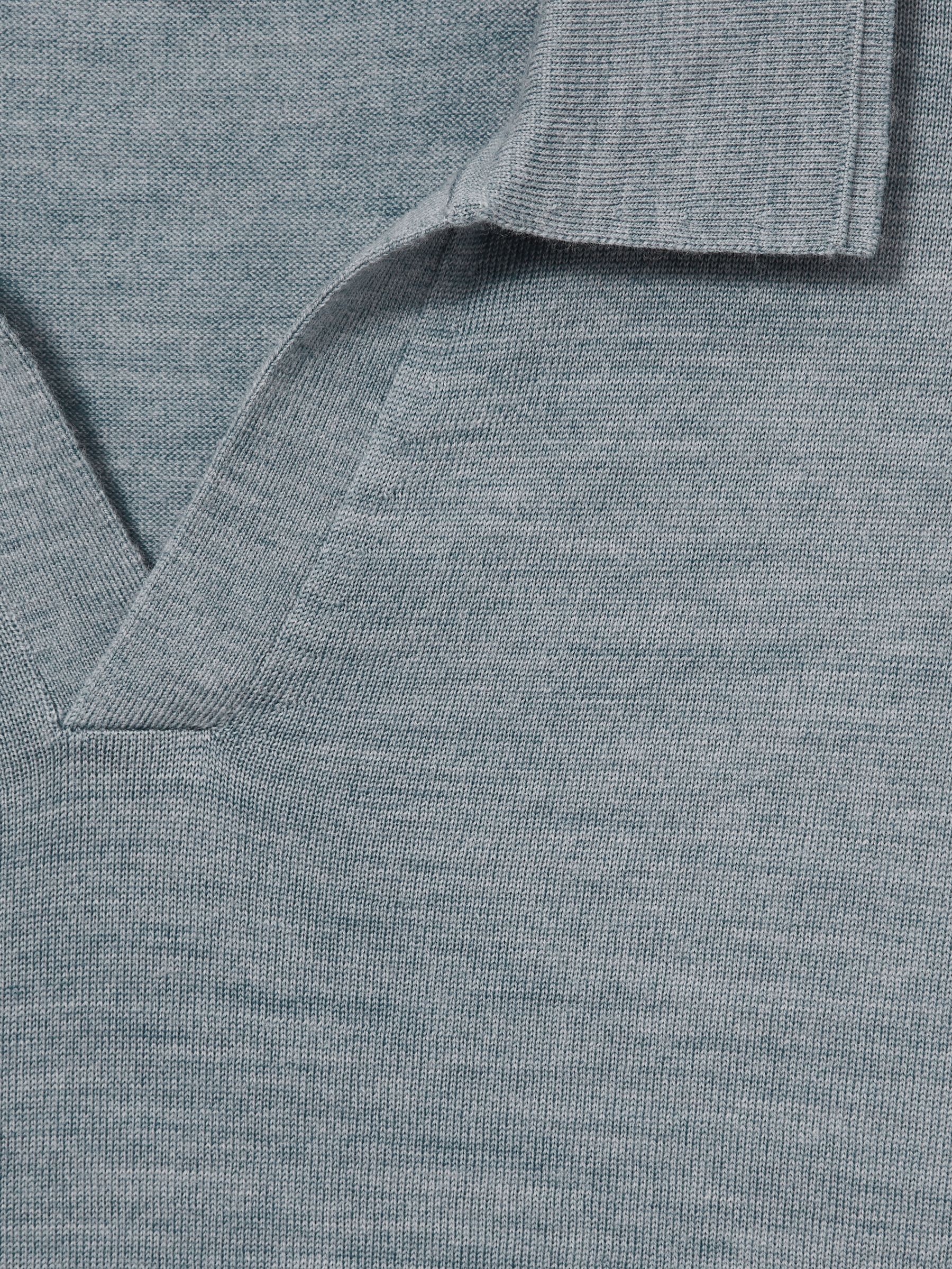 Merino Wool Open Collar Polo Shirt in Soft Blue Melange - Image 6 of 6