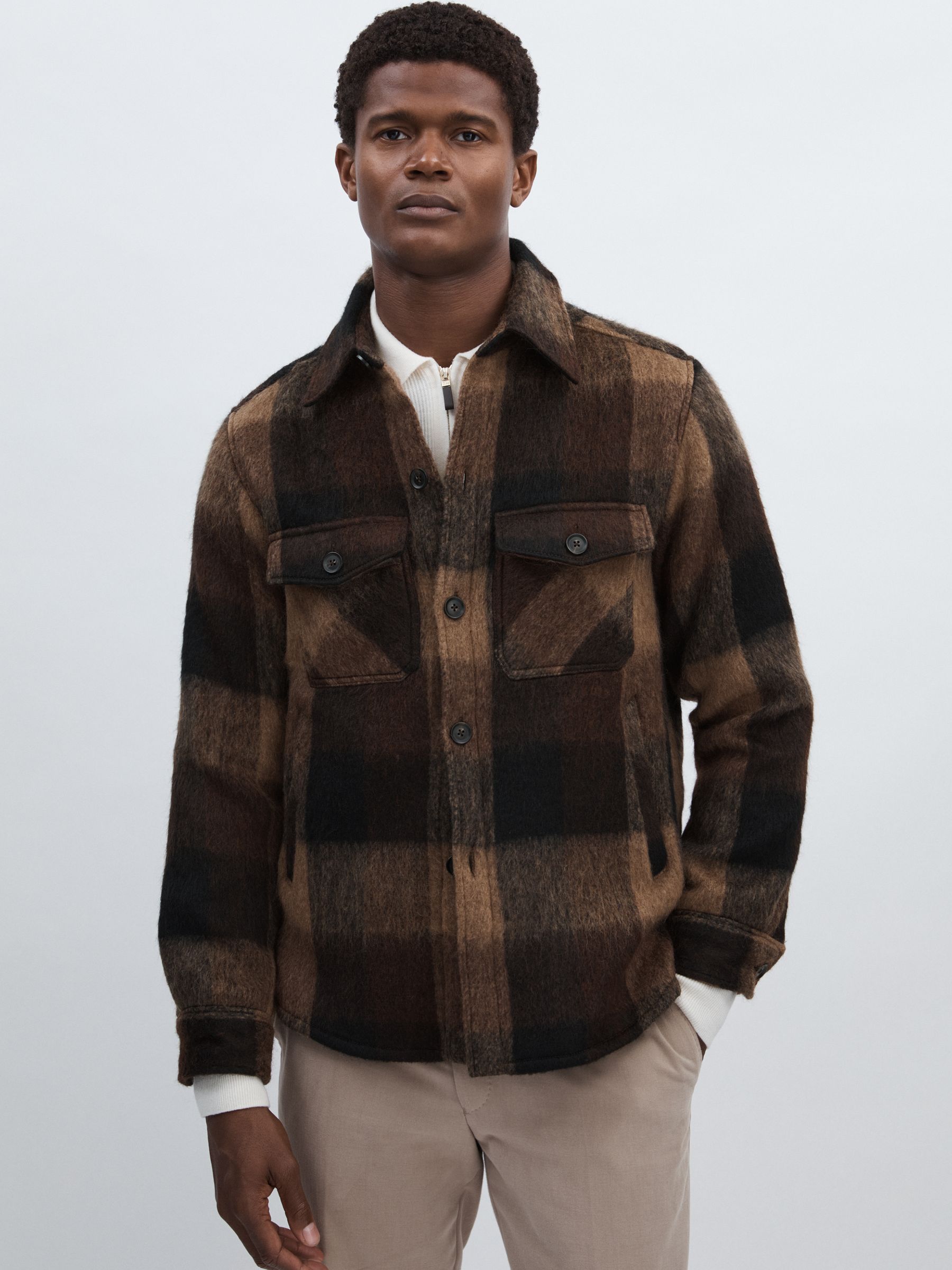 Oscar Jacobson Brushed Twill Check Overshirt in Brown - Image 1 of 6
