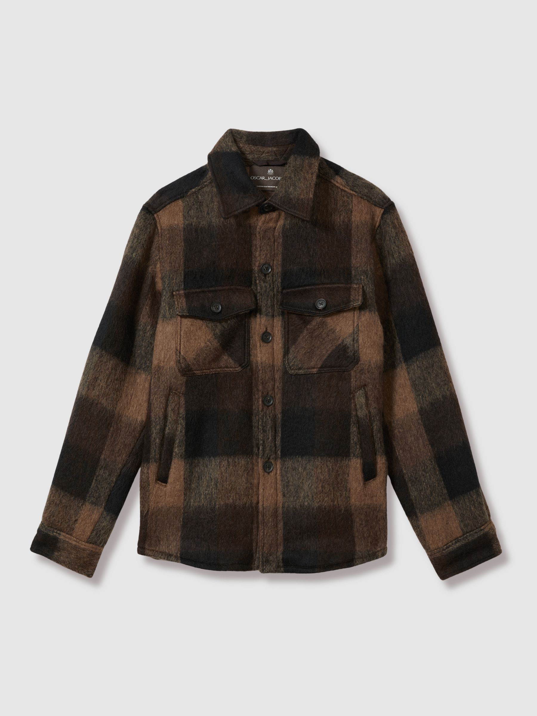 Oscar Jacobson Brushed Twill Check Overshirt in Brown - Image 2 of 6 Oscar Jacobson Brushed Twill Check Overshirt in Brown - Image 2 of 6