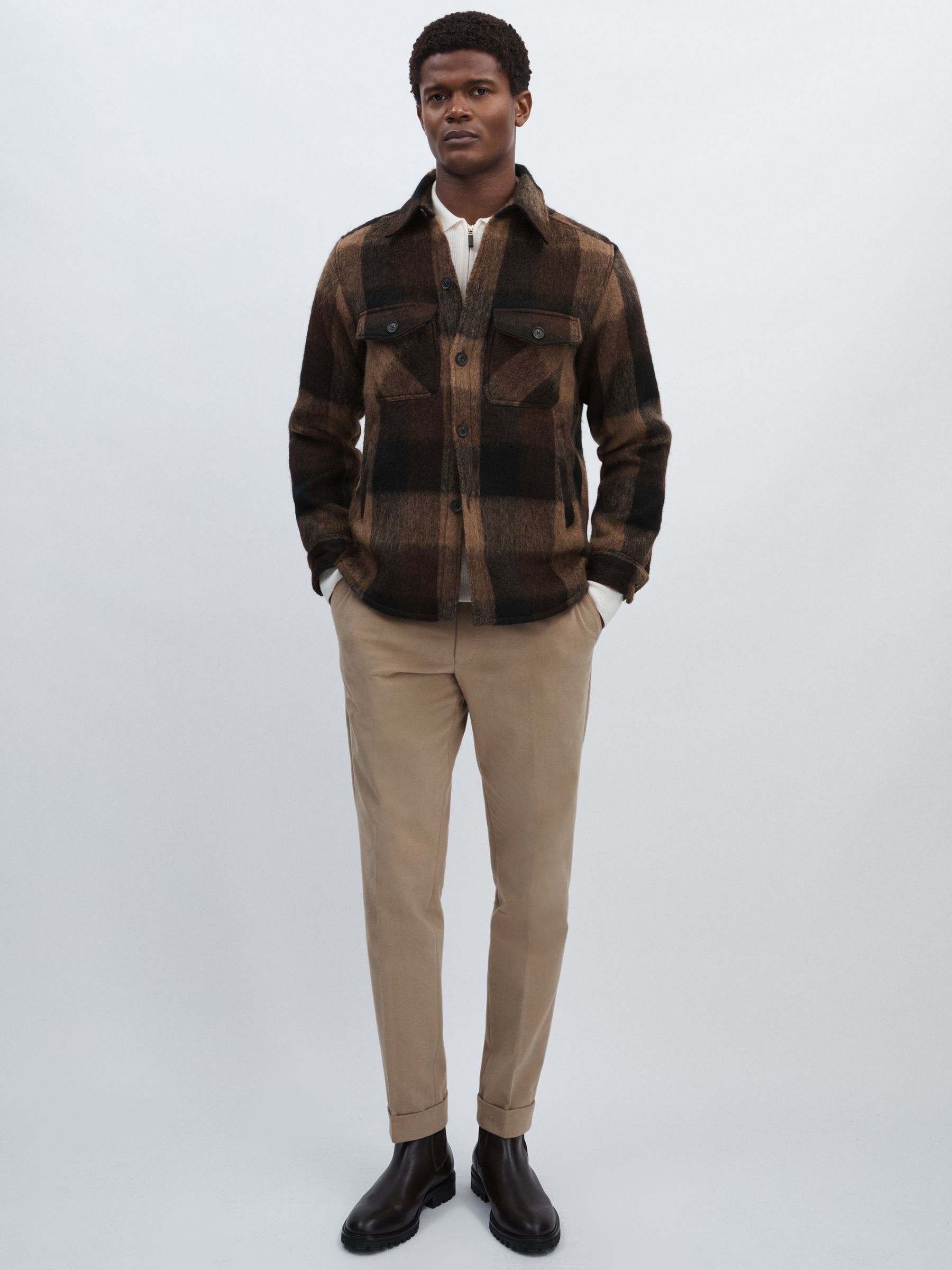 Oscar Jacobson Brushed Twill Check Overshirt in Brown - Image 3 of 6