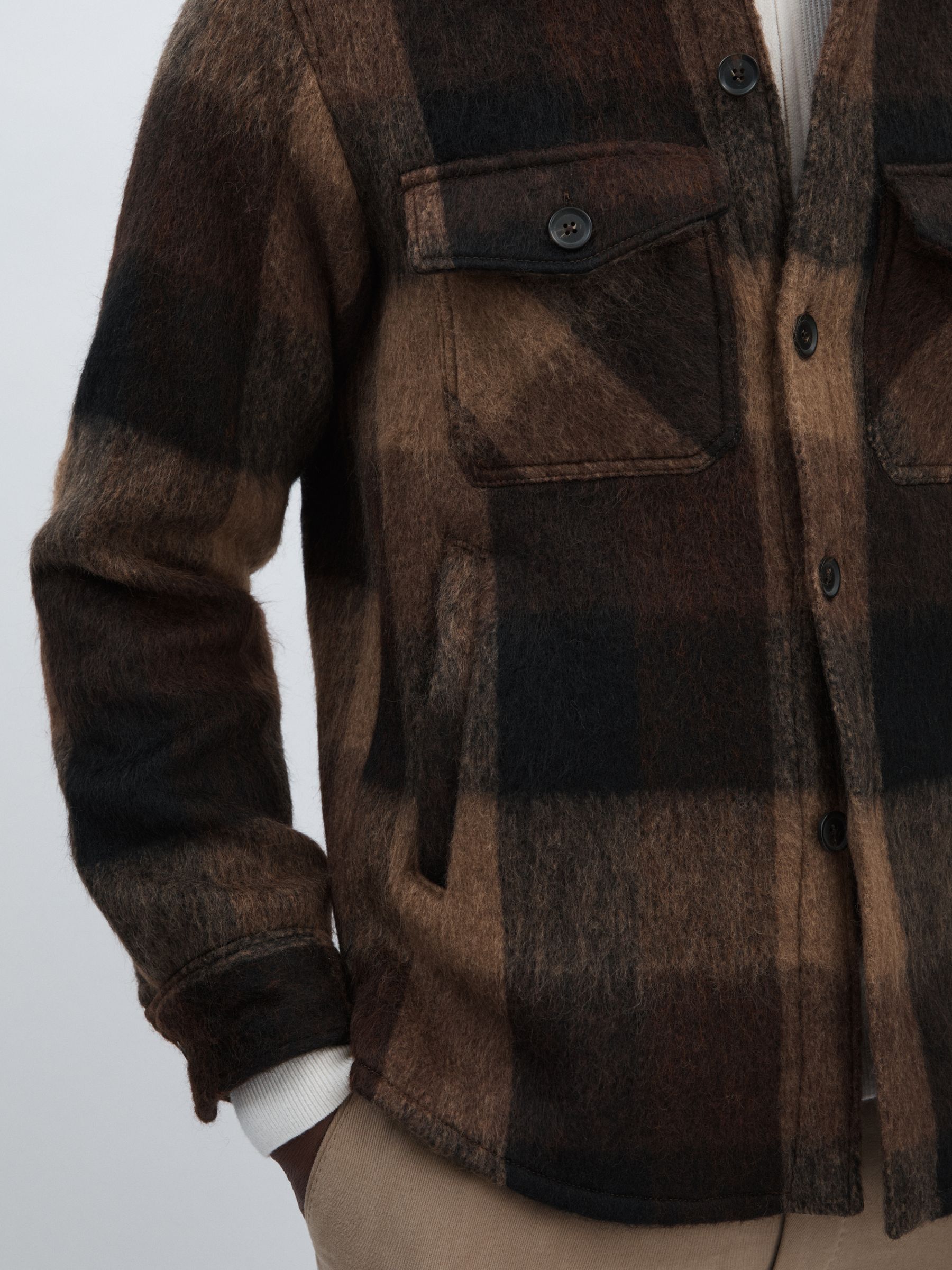 Oscar Jacobson Brushed Twill Check Overshirt in Brown - Image 4 of 6
