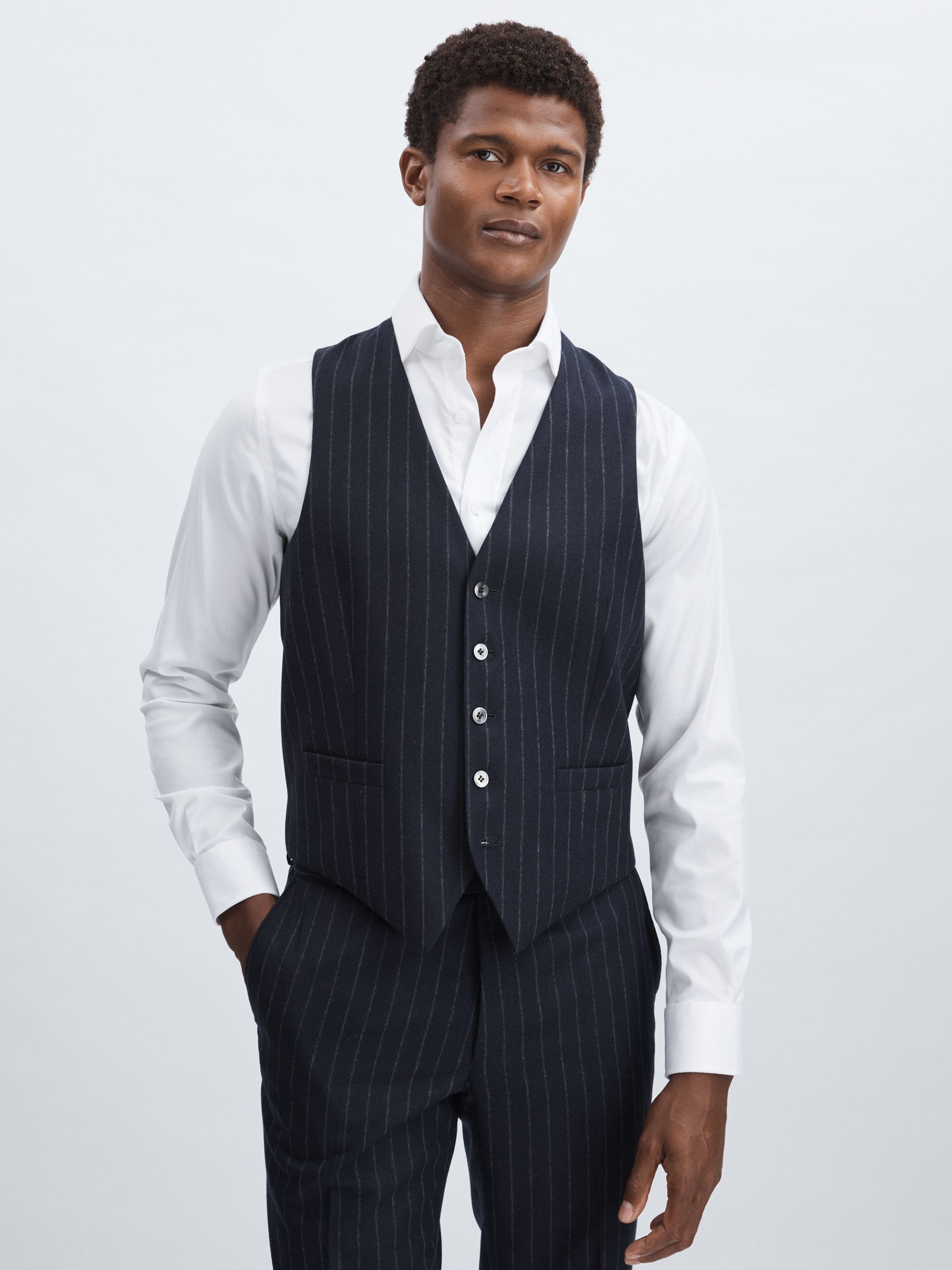 Oscar Jacobson 100% Wool Pinstripe Waistcoat in Navy - Image 1 of 6
