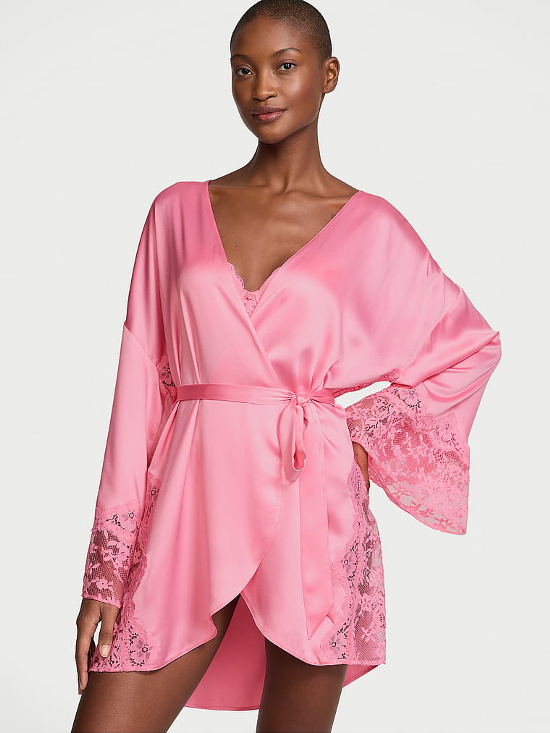 Pink Hope Satin Lace Trim Robe - Image 1 of 3