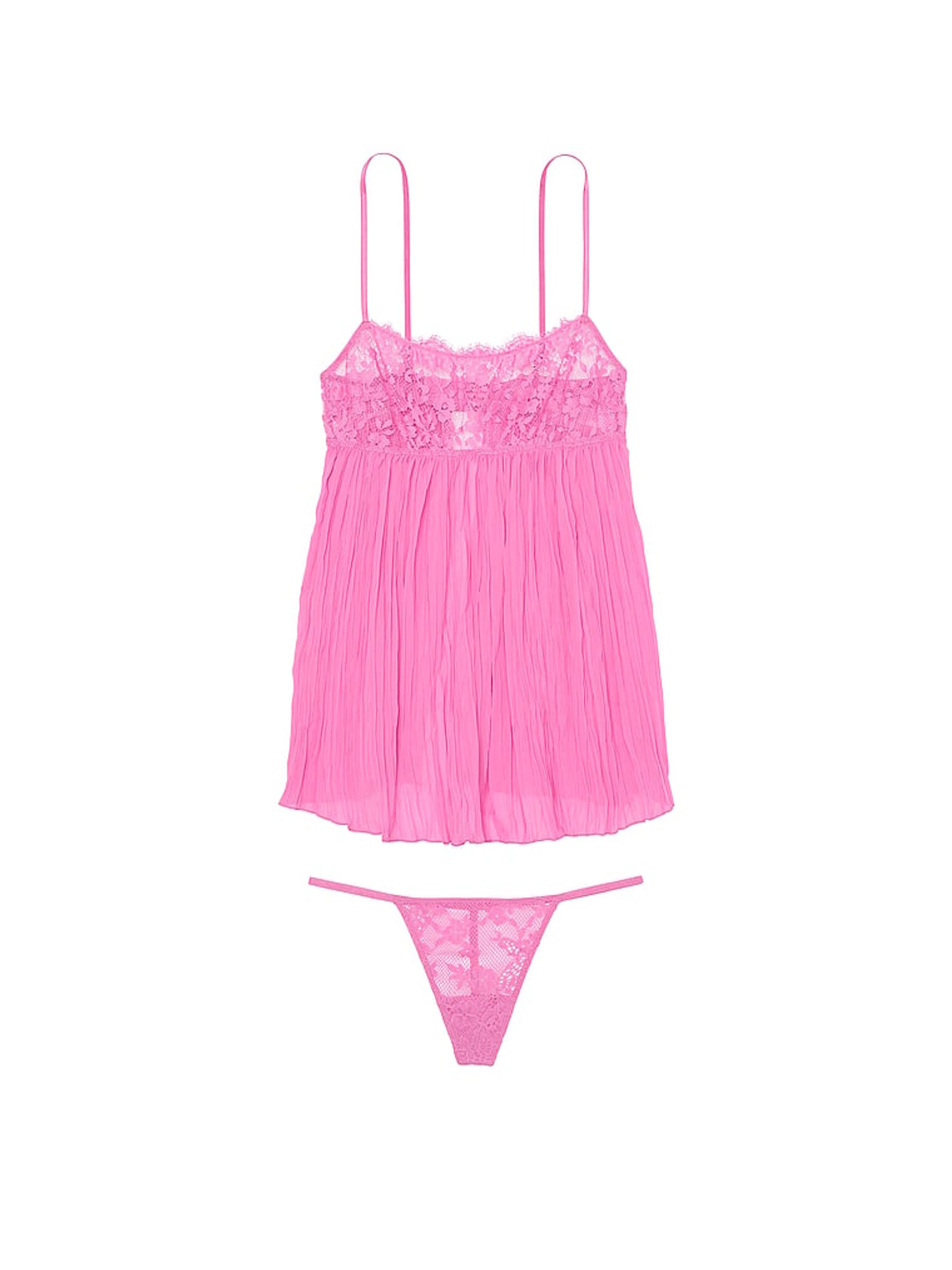 New Peony Pink Lace Top Pleated Babydoll Set - Image 3 of 3
