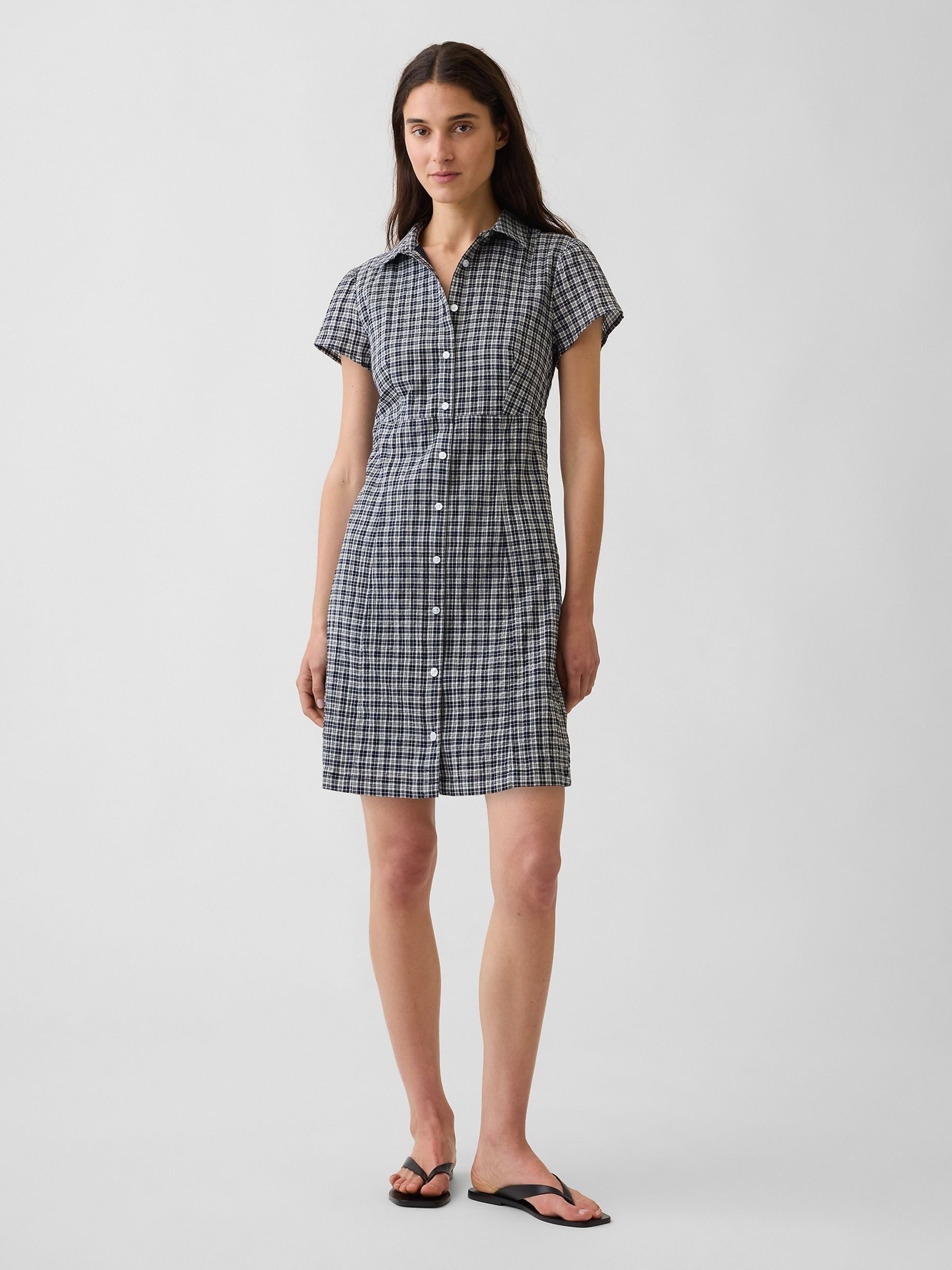 Navy Check Empire Elasticated Waist Mini Shirt Dress - Image 1 of 4