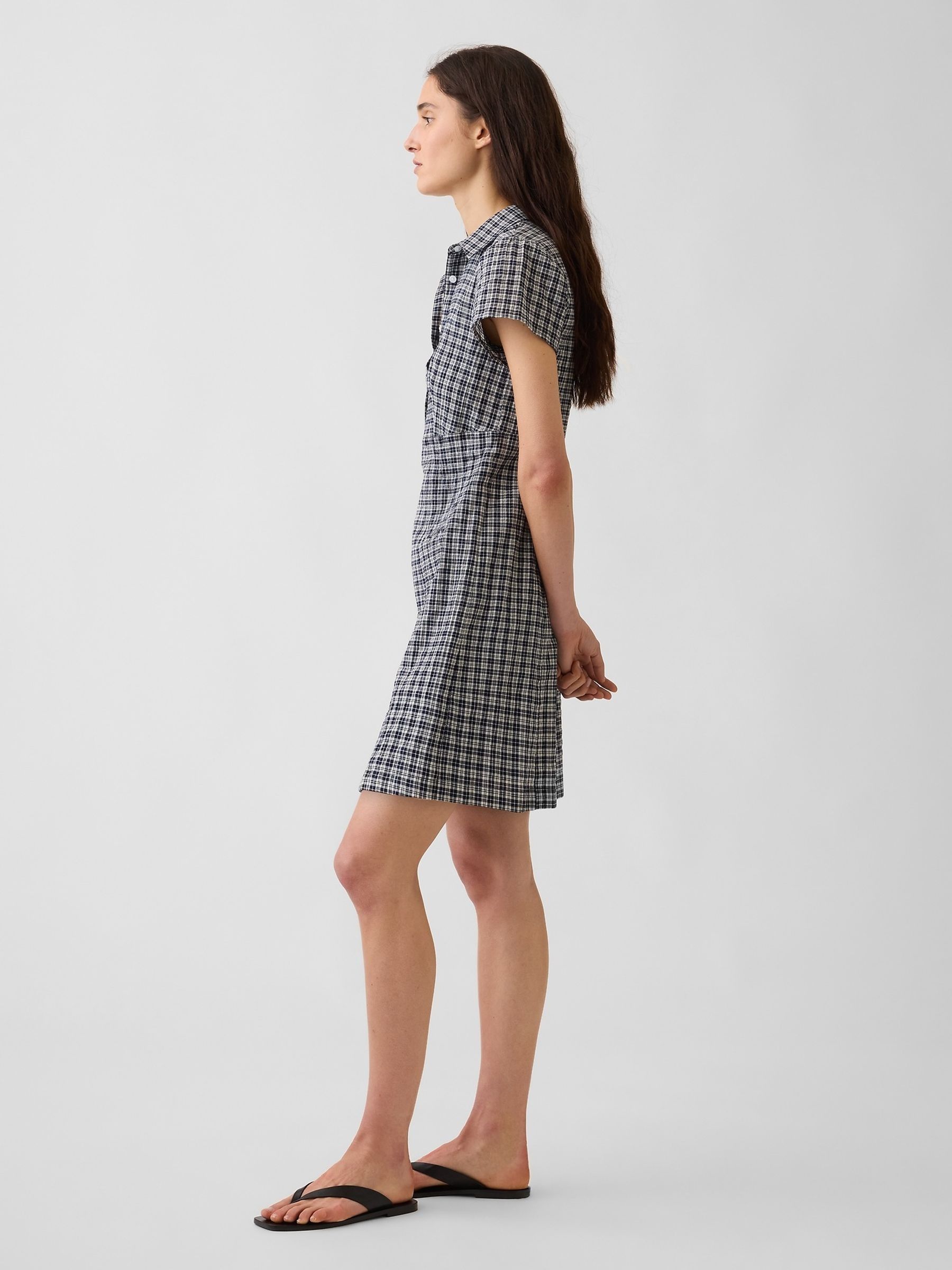 Navy Check Empire Elasticated Waist Mini Shirt Dress - Image 3 of 4