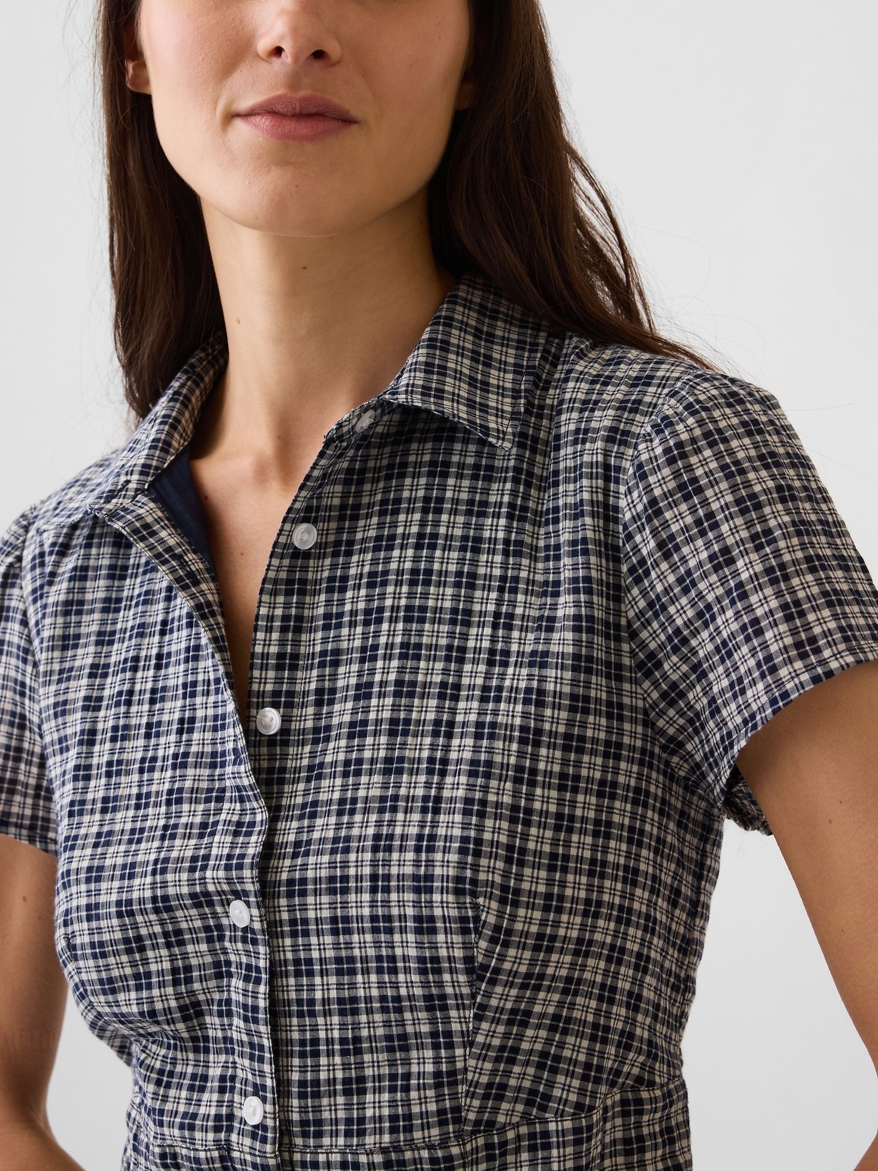 Navy Check Empire Elasticated Waist Mini Shirt Dress - Image 4 of 4 Navy Check Empire Elasticated Waist Mini Shirt Dress - Image 4 of 4