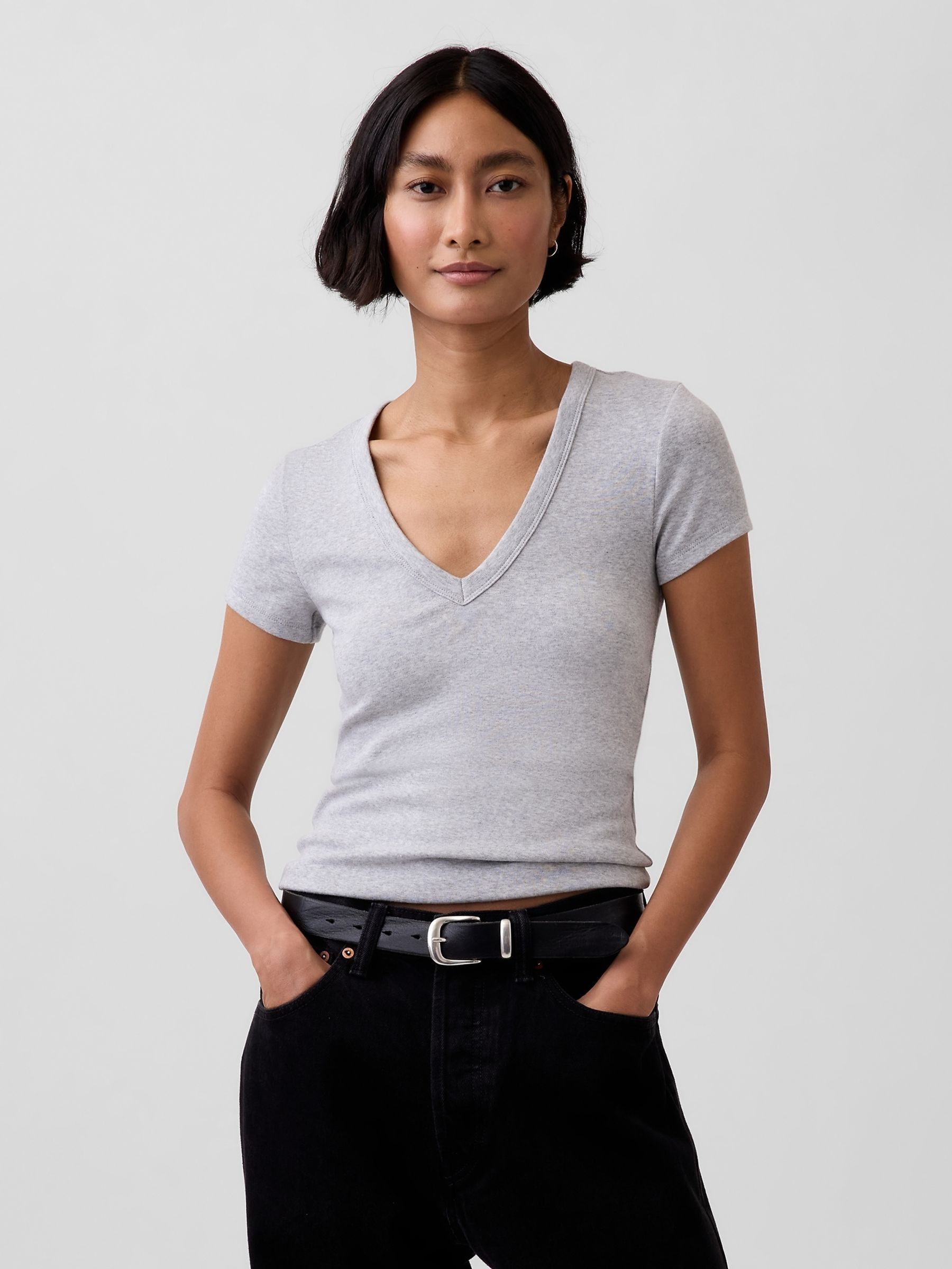 Grey Modern V-Neck Short T-Shirt - Image 1 of 4 Grey Modern V-Neck Short T-Shirt - Image 1 of 4