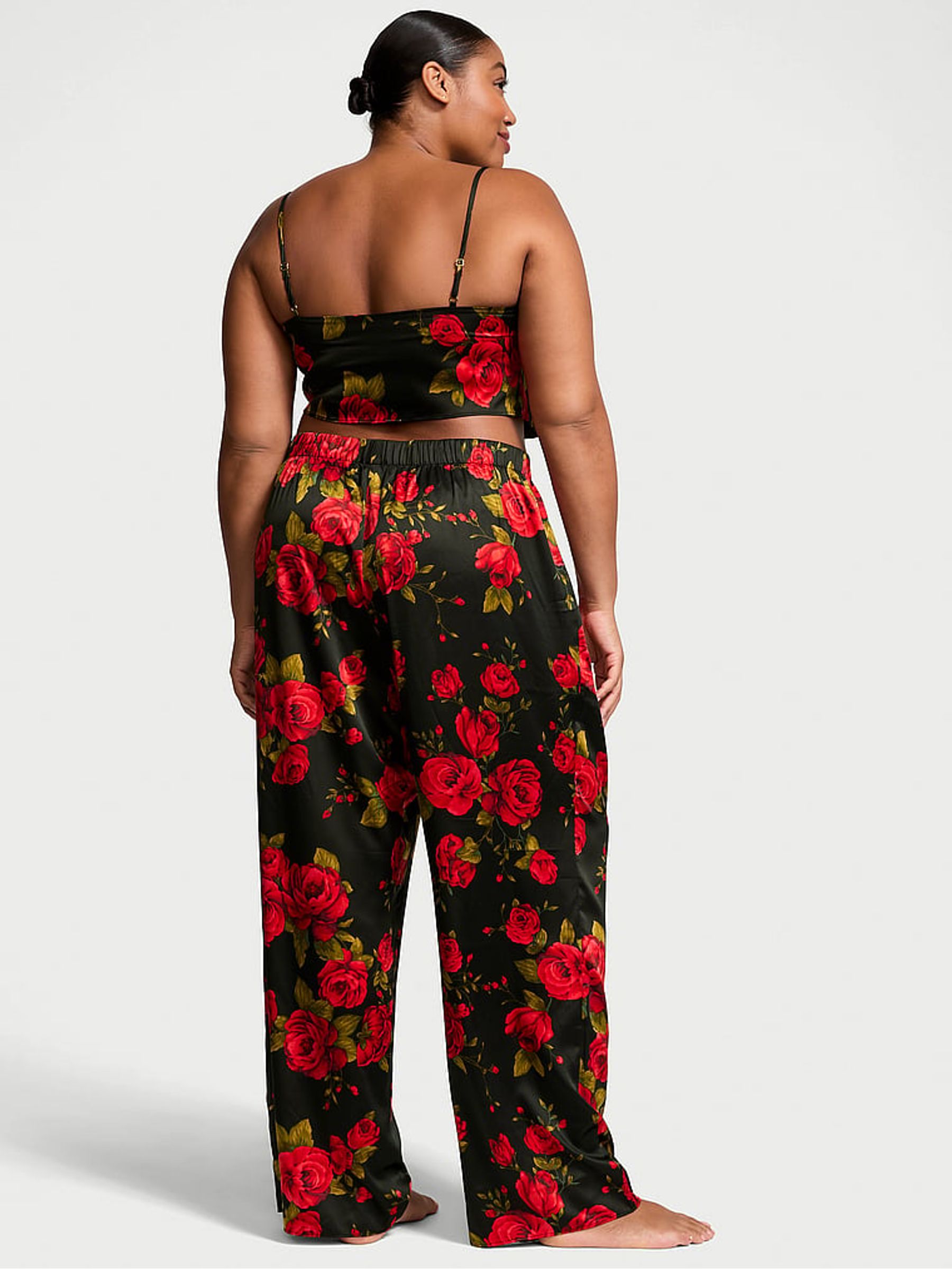 Black Glamorous Rose Satin Cropped Pyjama Set - Image 2 of 3