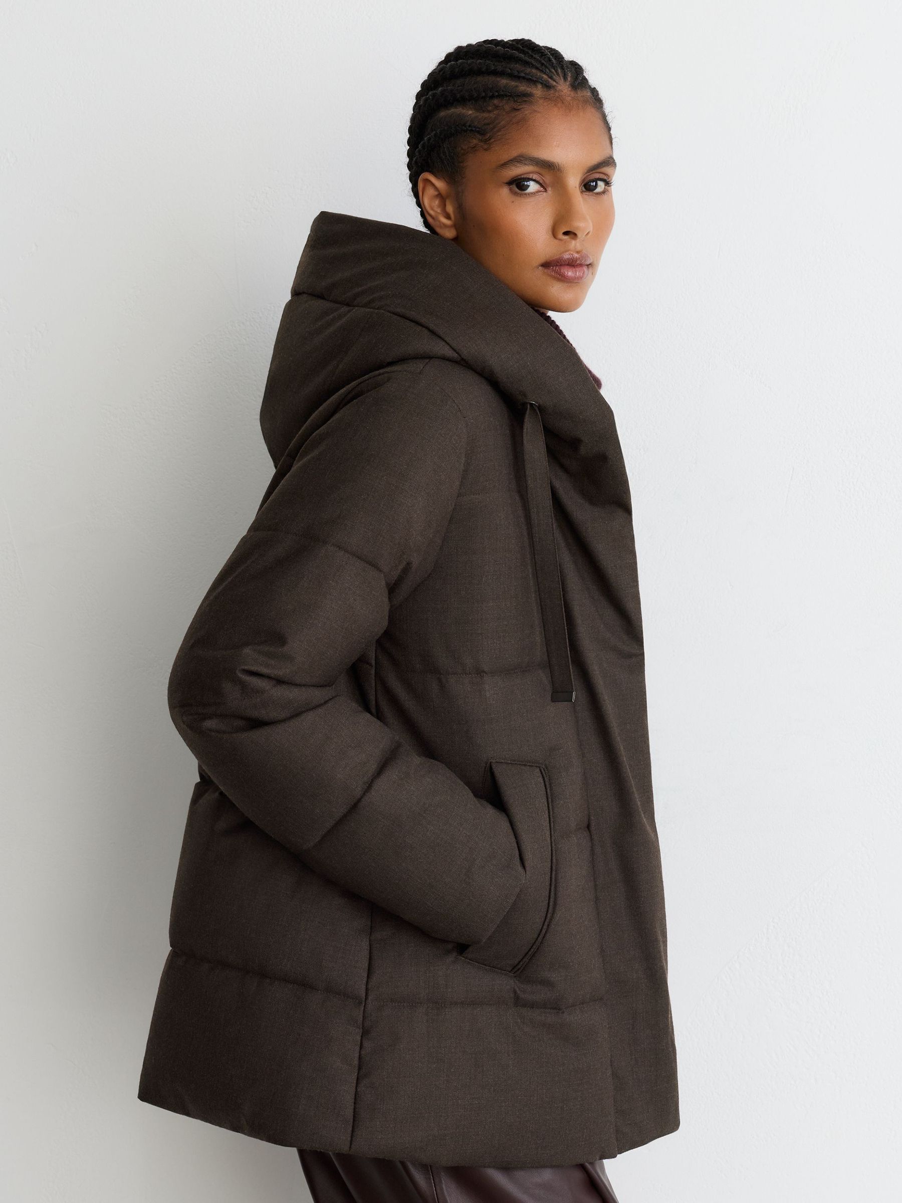 Petite Wool Hooded Puffer Coat in Brown - Image 5 of 10